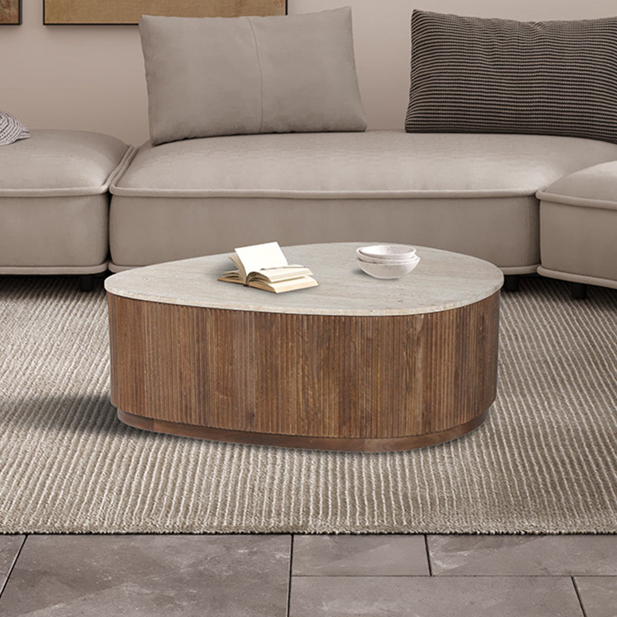 NOLAN Table basse en travertin et bois de manguier 100 cm