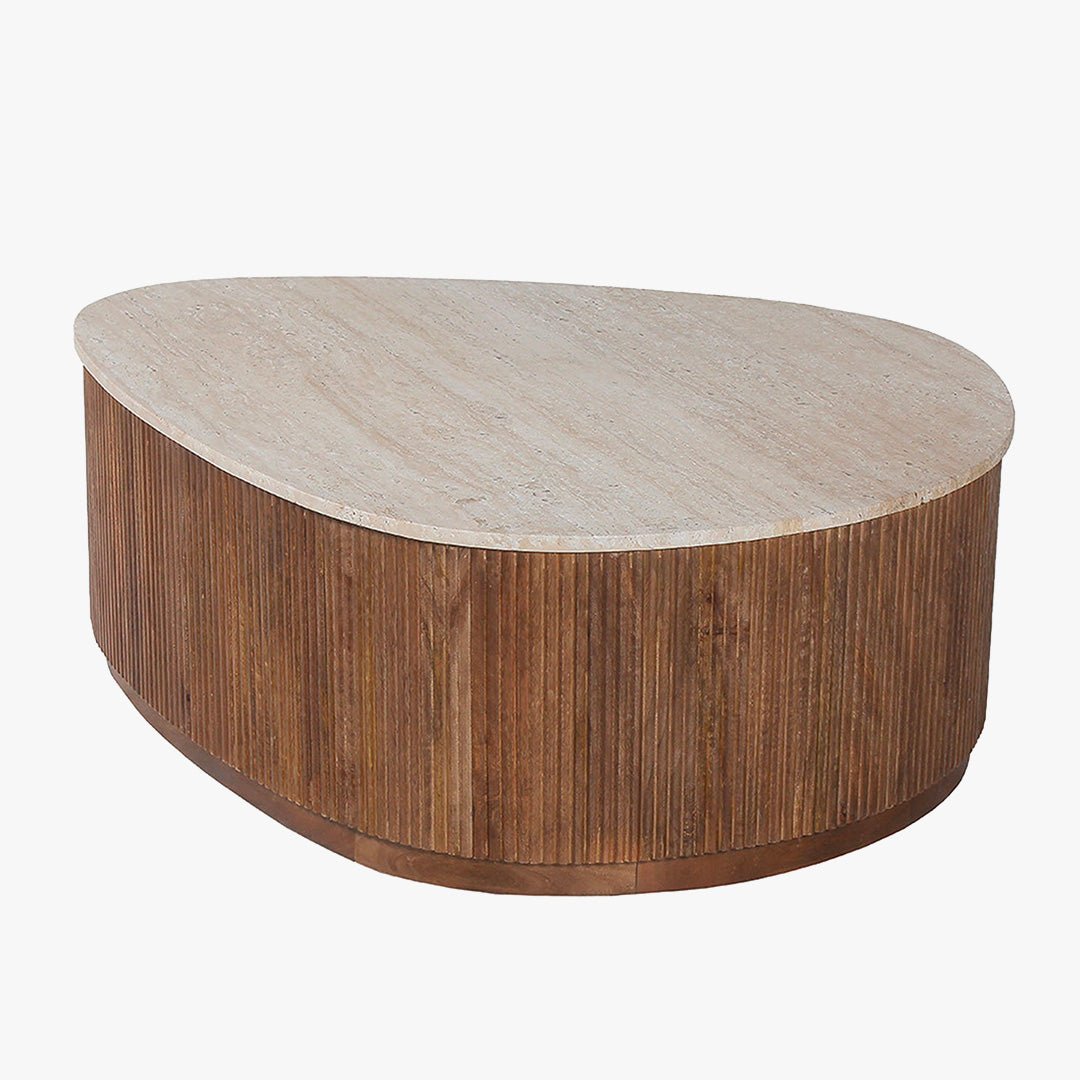NOLAN Table basse en travertin et bois de manguier 100 cm