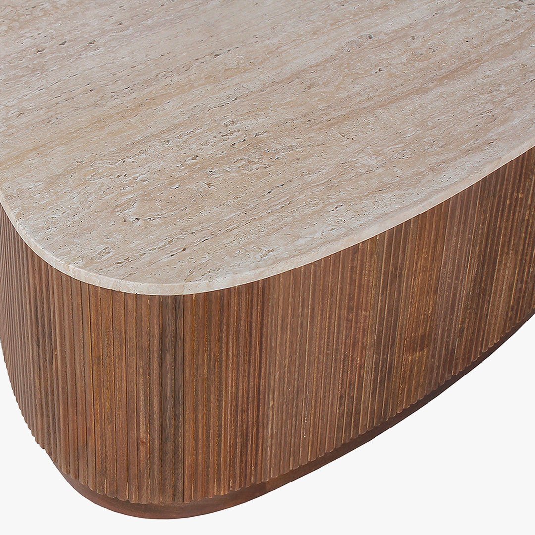 NOLAN Table basse en travertin et bois de manguier 100 cm