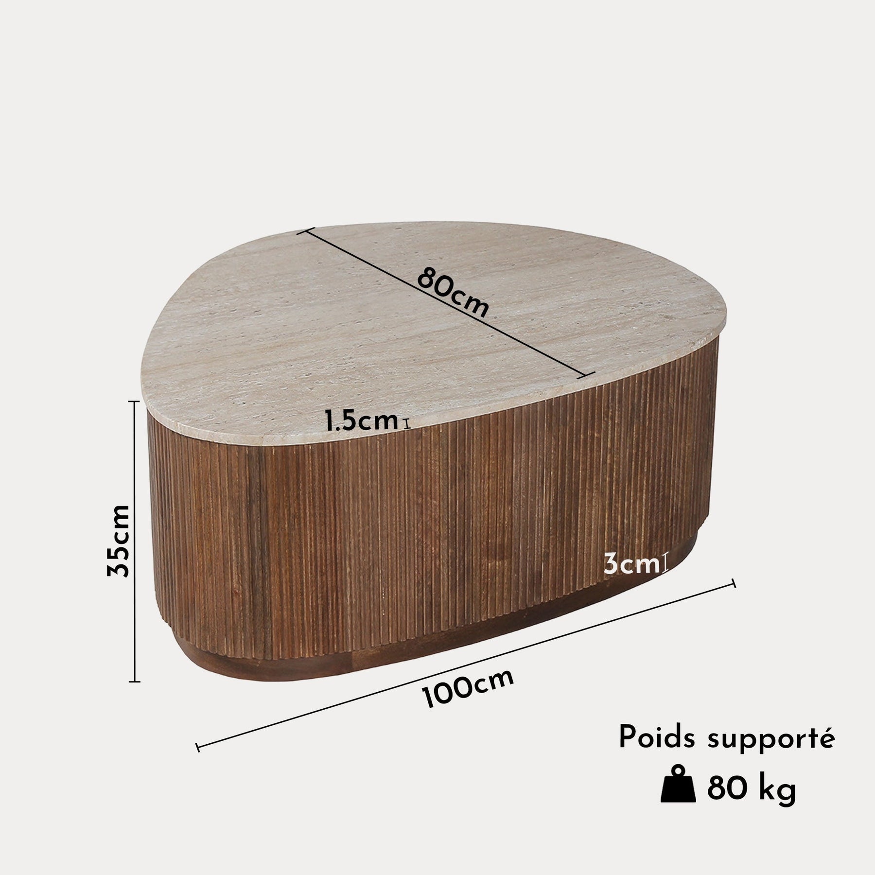 NOLAN Table basse en travertin et bois de manguier 100 cm