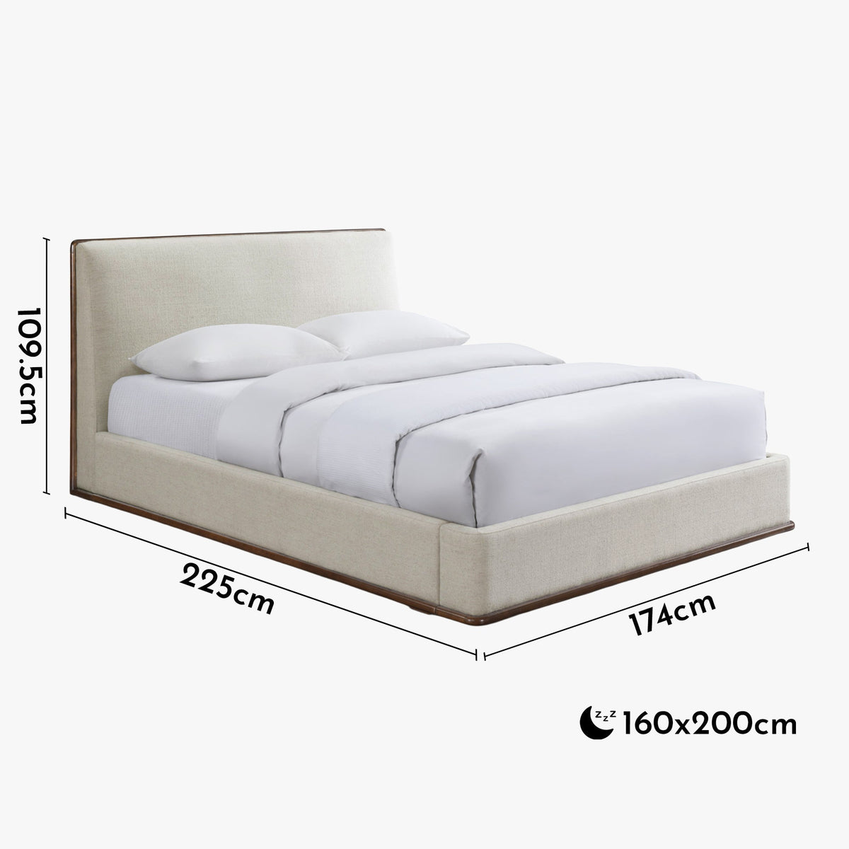 NORIA Lit double en tissu beige et bois foncé 160x200 cm