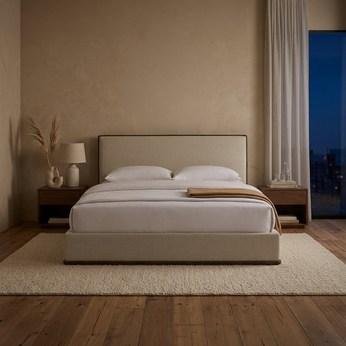 NORIA Lit double en tissu beige et bois foncé 160x200 cm