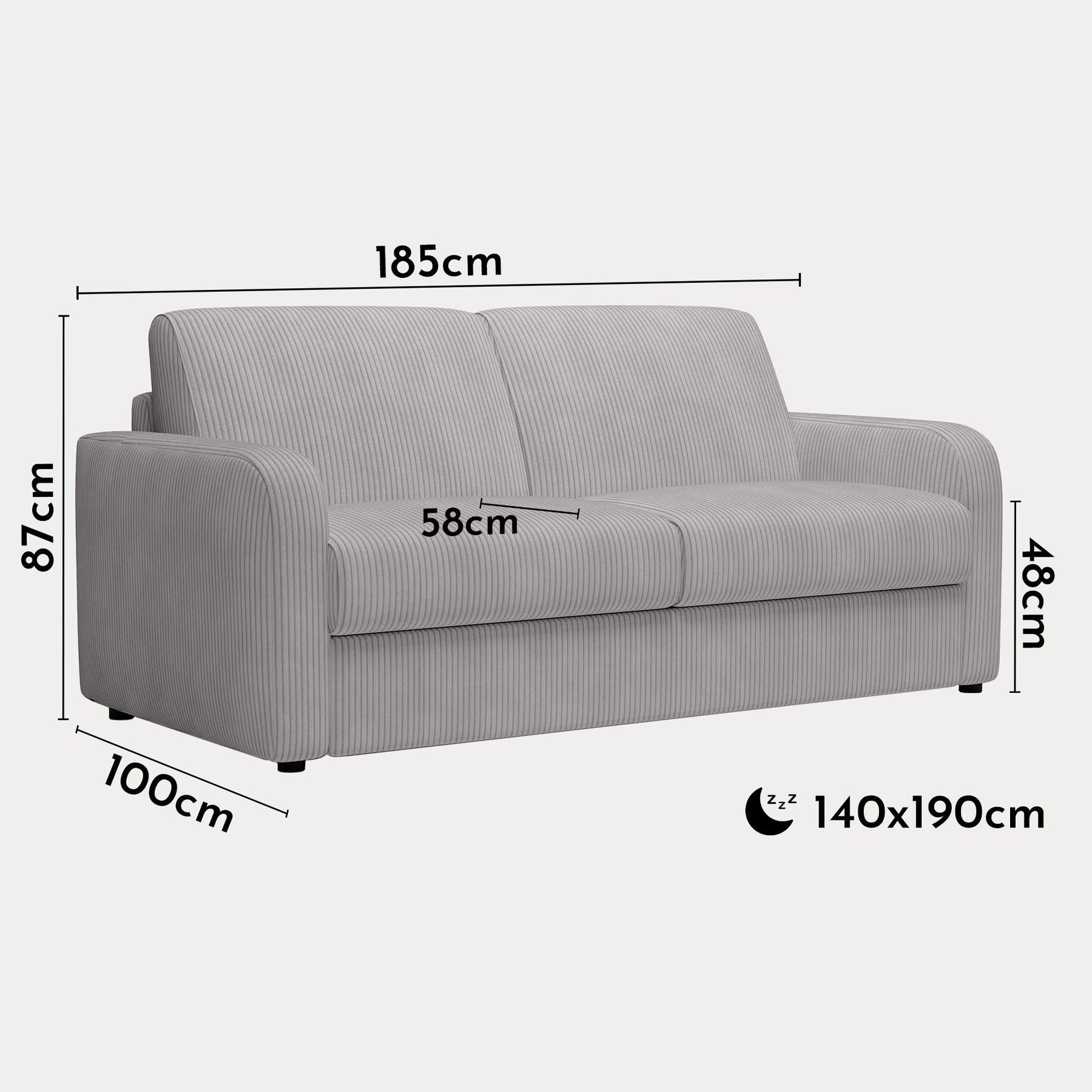 OLIVIER Canapé 3 places convertible en velours côtelé gris matelas Memory 14 cm