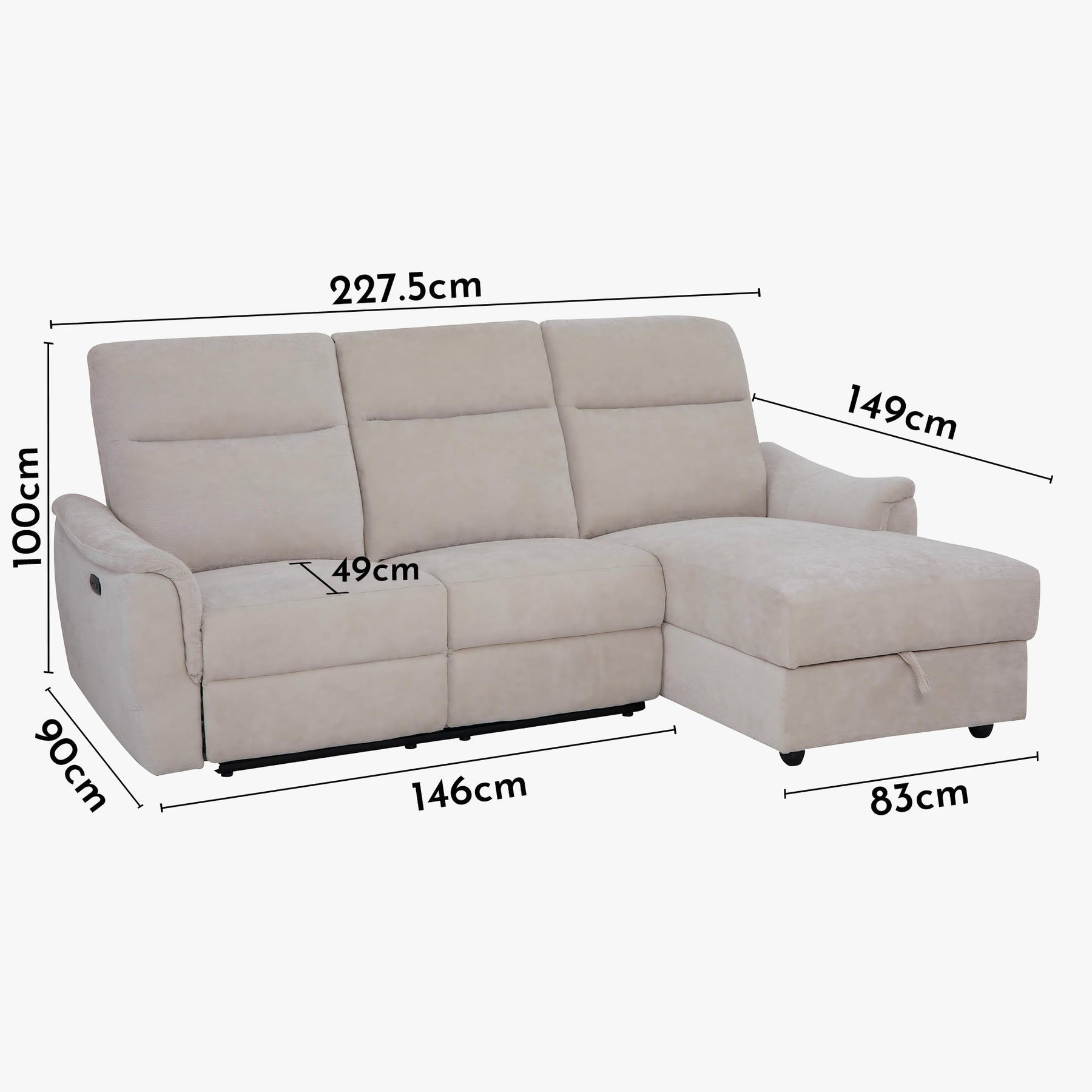 ORION Canapé d'angle relax électrique avec coffre en tissu beige  - Angle droit