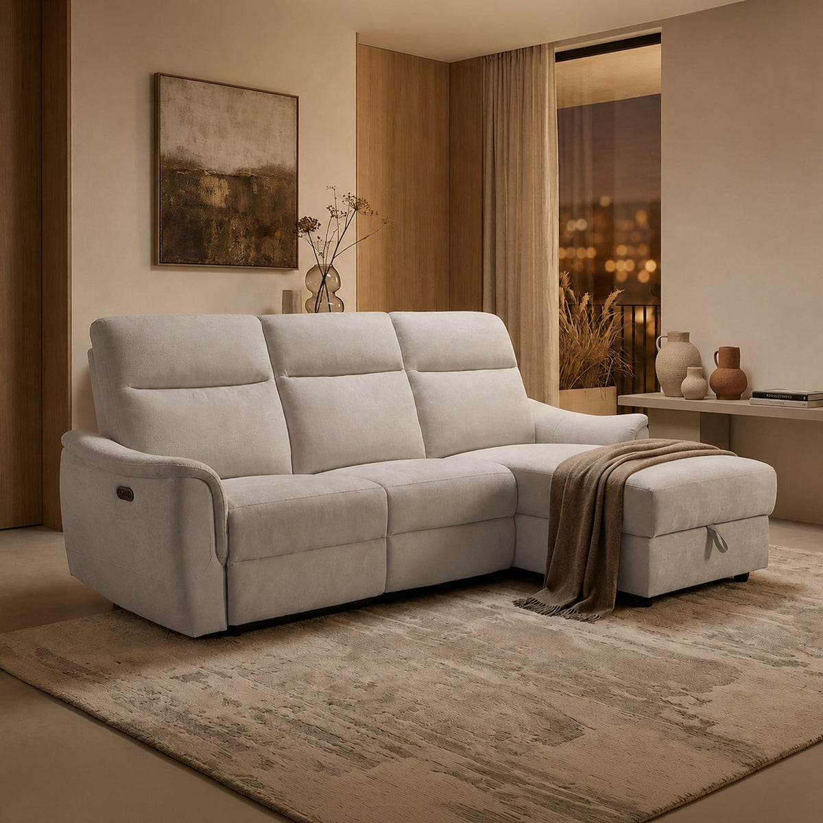 ORION Canapé d'angle relax électrique avec coffre en tissu beige  - Angle droit