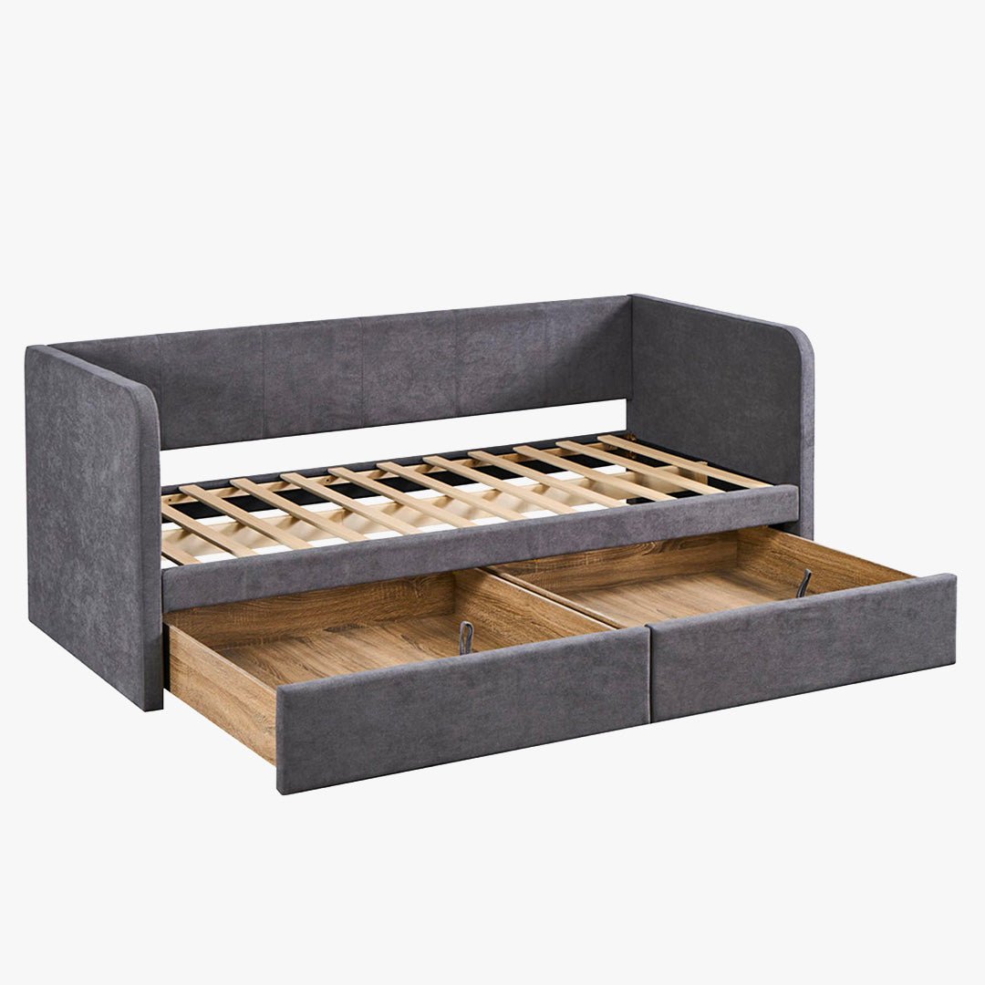 PARMA Lit simple en tissu gris avec 2 tiroirs 90x200 cm