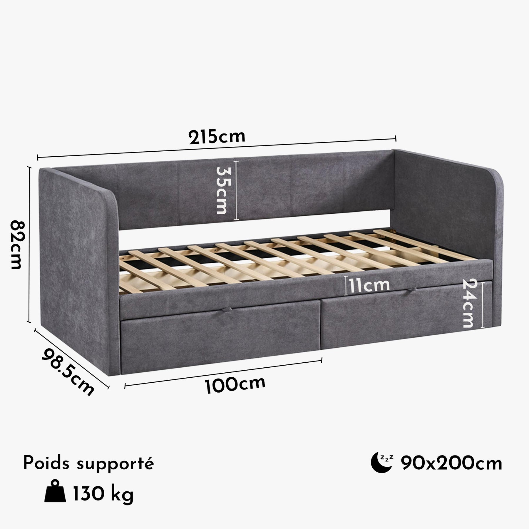 PARMA Lit simple en tissu gris avec 2 tiroirs 90x200 cm