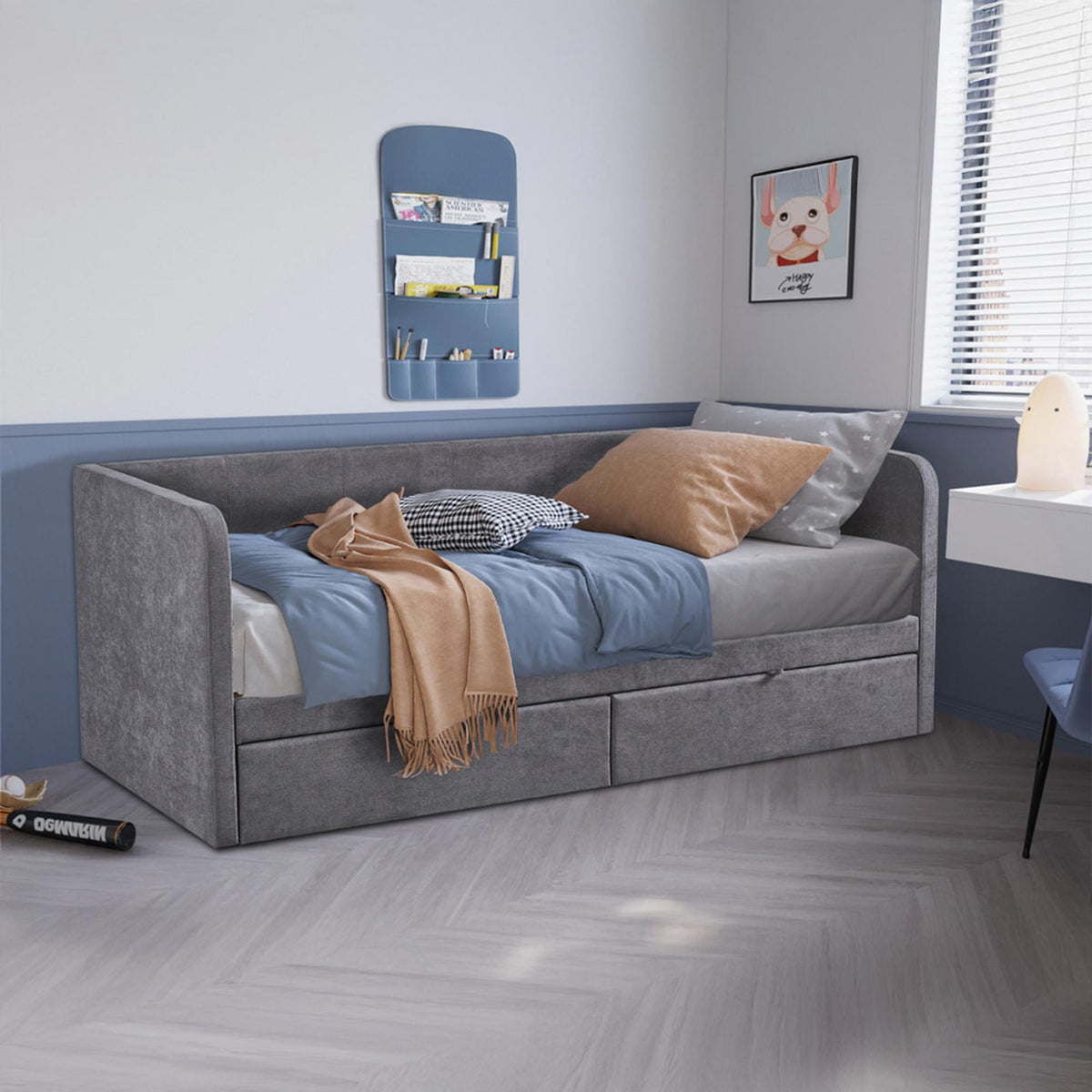 PARMA Lit simple en tissu gris avec 2 tiroirs 90x200 cm