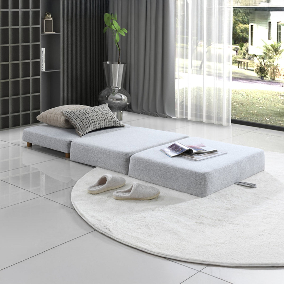 PAULA Banquette carrée convertible en tissu gris clair