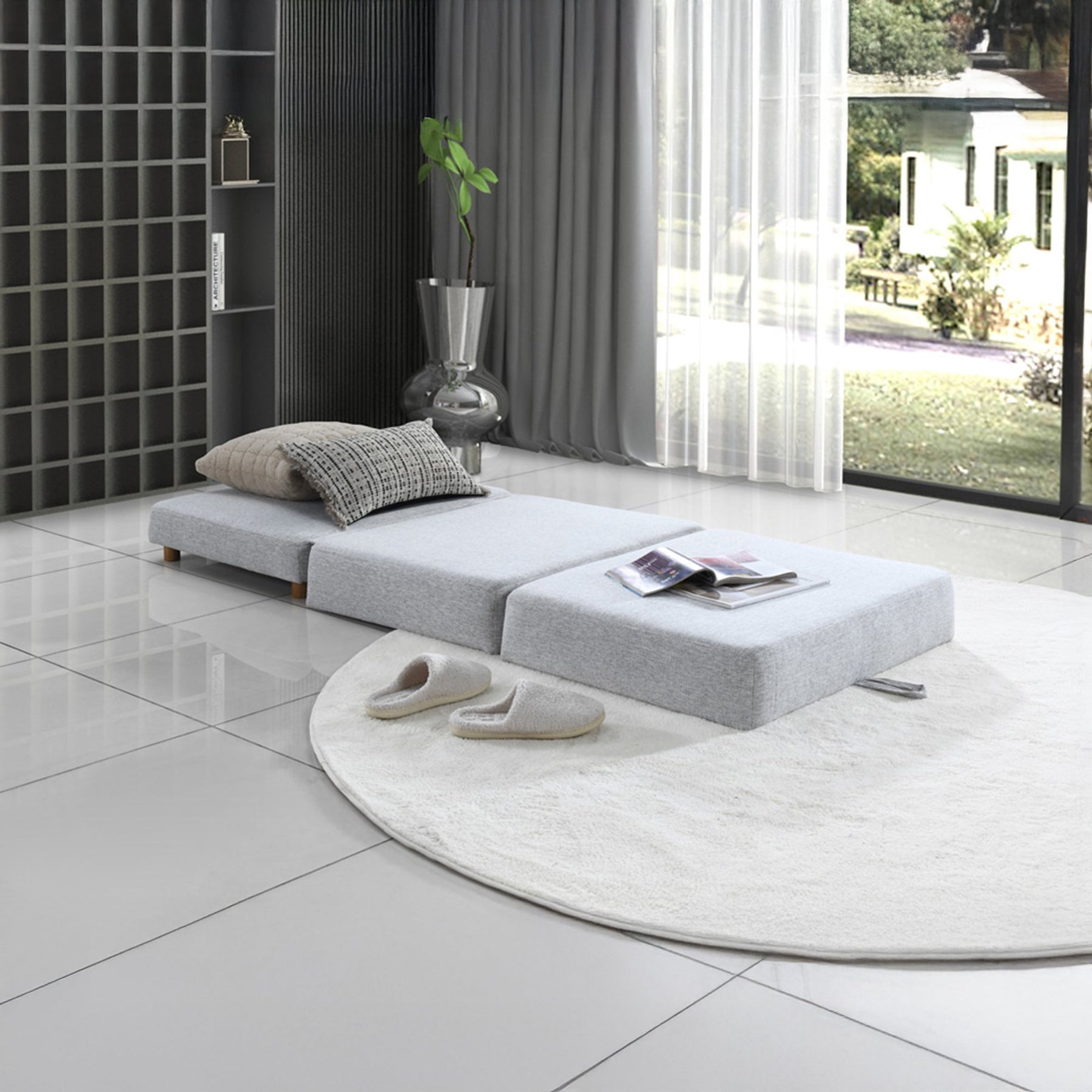 PAULA Banquette carrée convertible en tissu gris clair