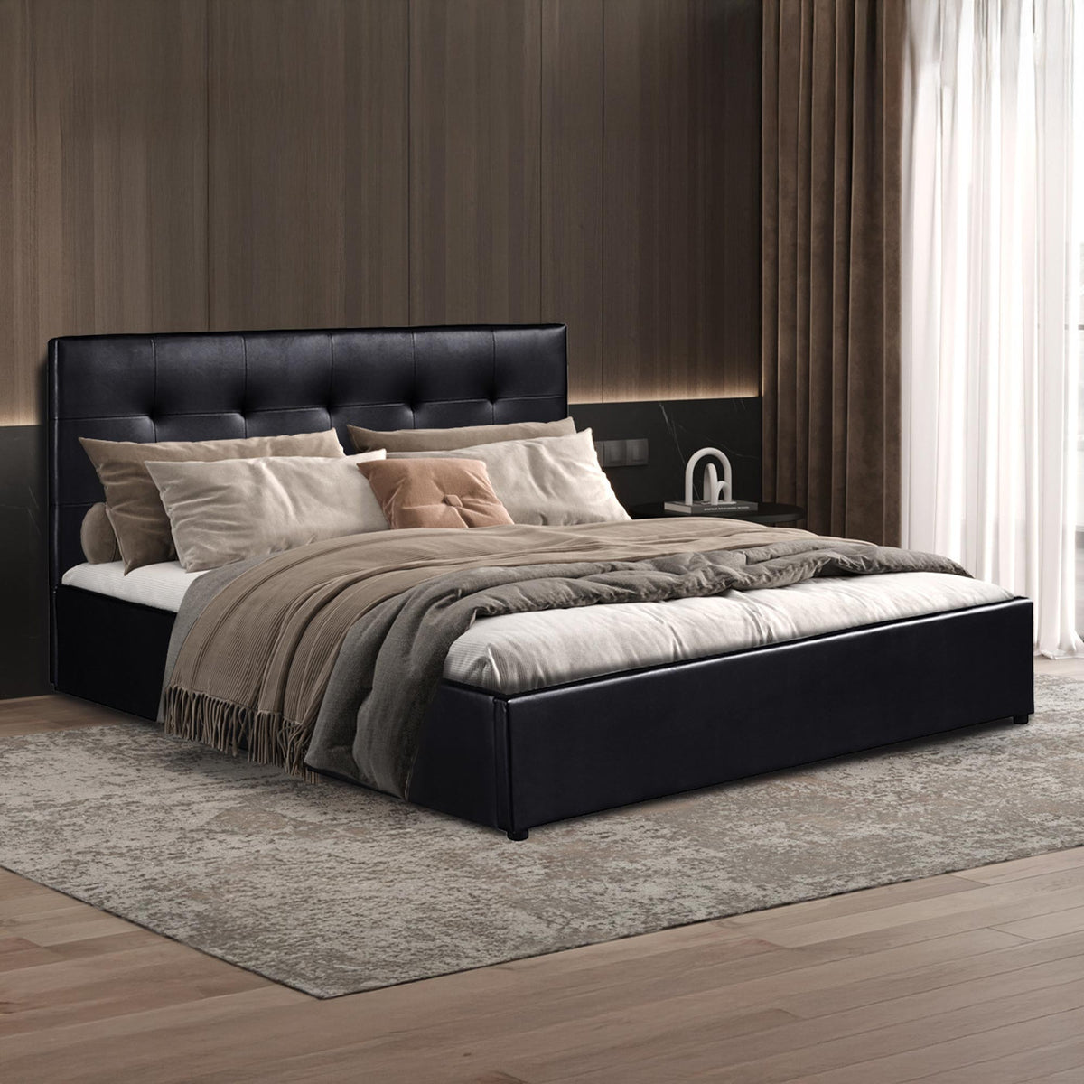 PORTO Lit double en simili cuir noir avec coffre 160x200 cm