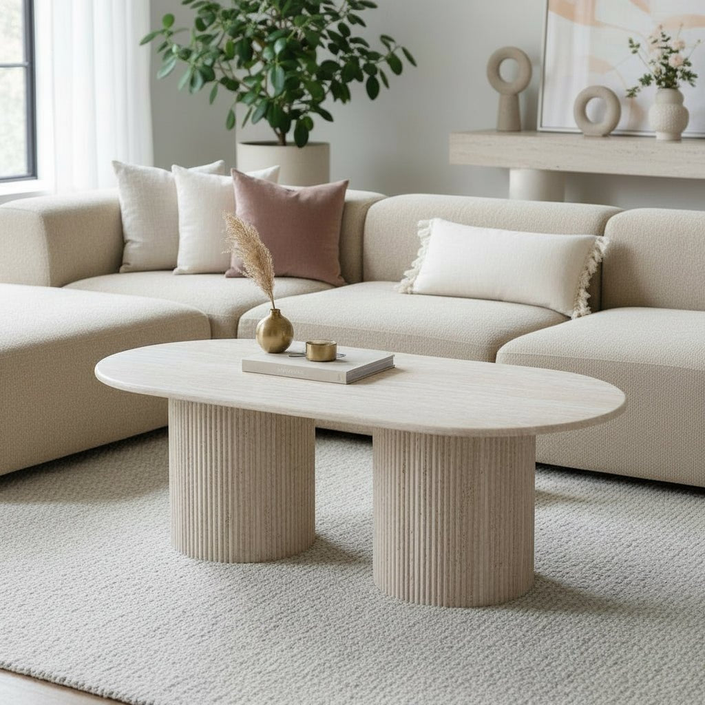 RINA Table basse ovale en granite couleur travertin 120 cm