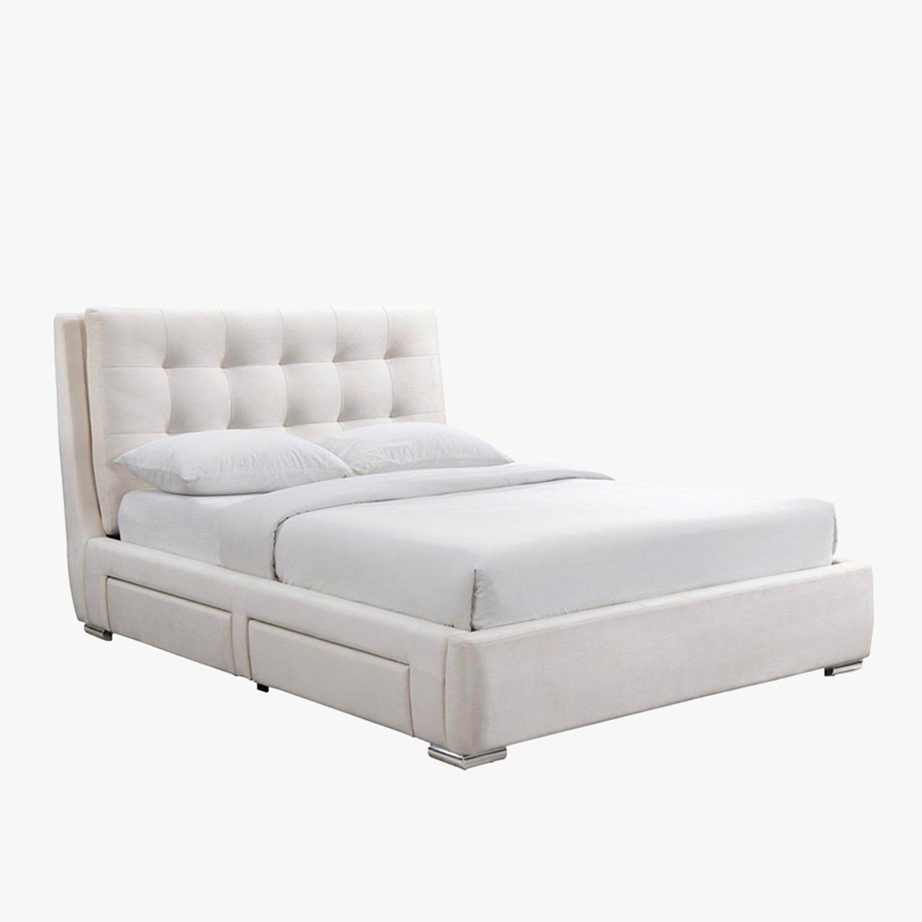 RODRIGO Lit double en tissu blanc écru avec 2 tiroirs 160x200 cm