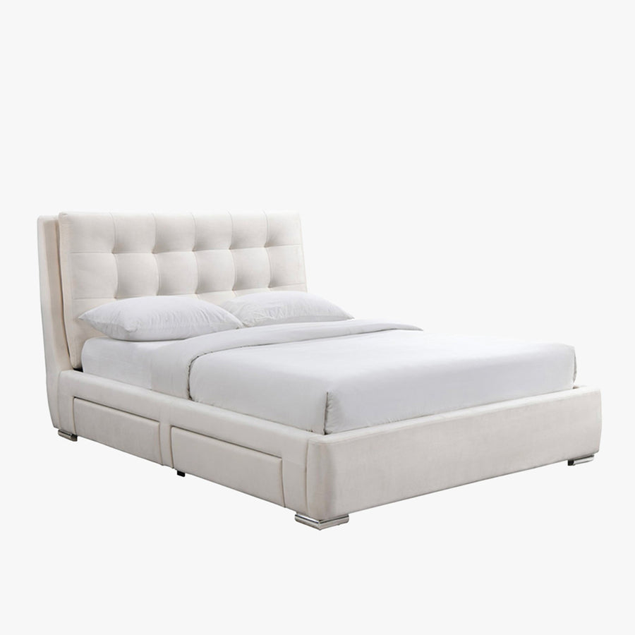 RODRIGO Lit double en tissu blanc écru avec 2 tiroirs 160x200 cm