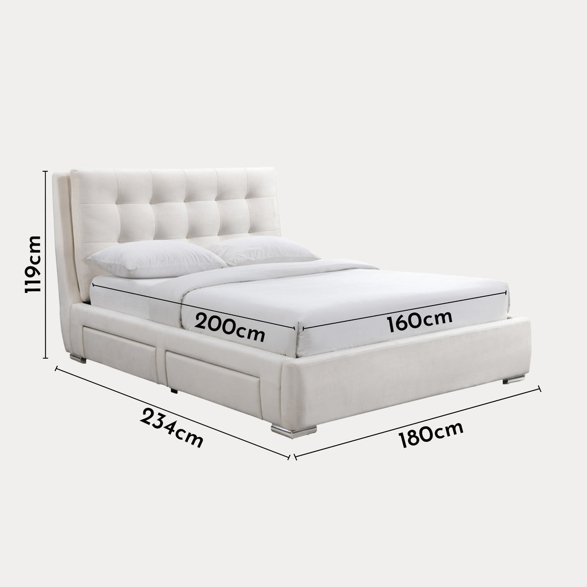 RODRIGO Lit double en tissu blanc écru avec 2 tiroirs 160x200 cm