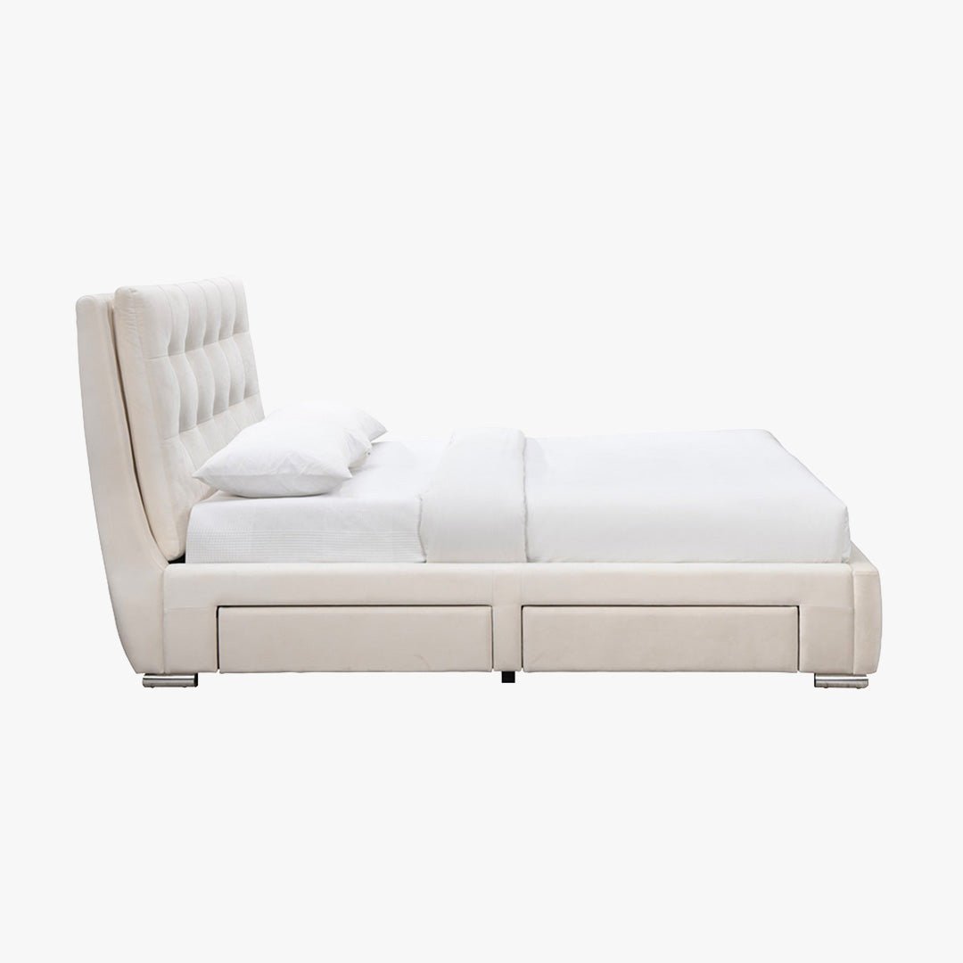 RODRIGO Lit double en tissu blanc écru avec 2 tiroirs 160x200 cm