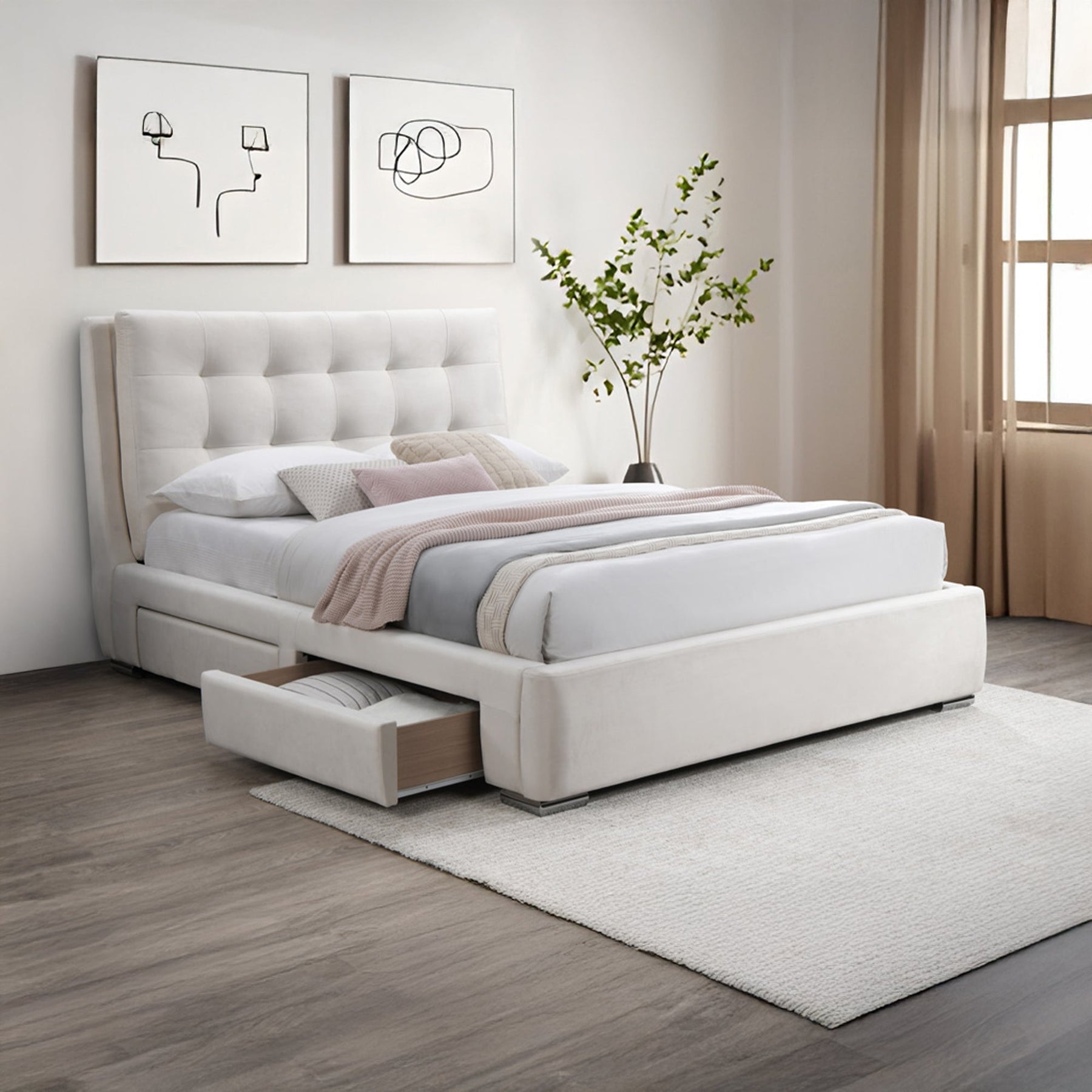 RODRIGO Lit double en tissu blanc écru avec 2 tiroirs 160x200 cm