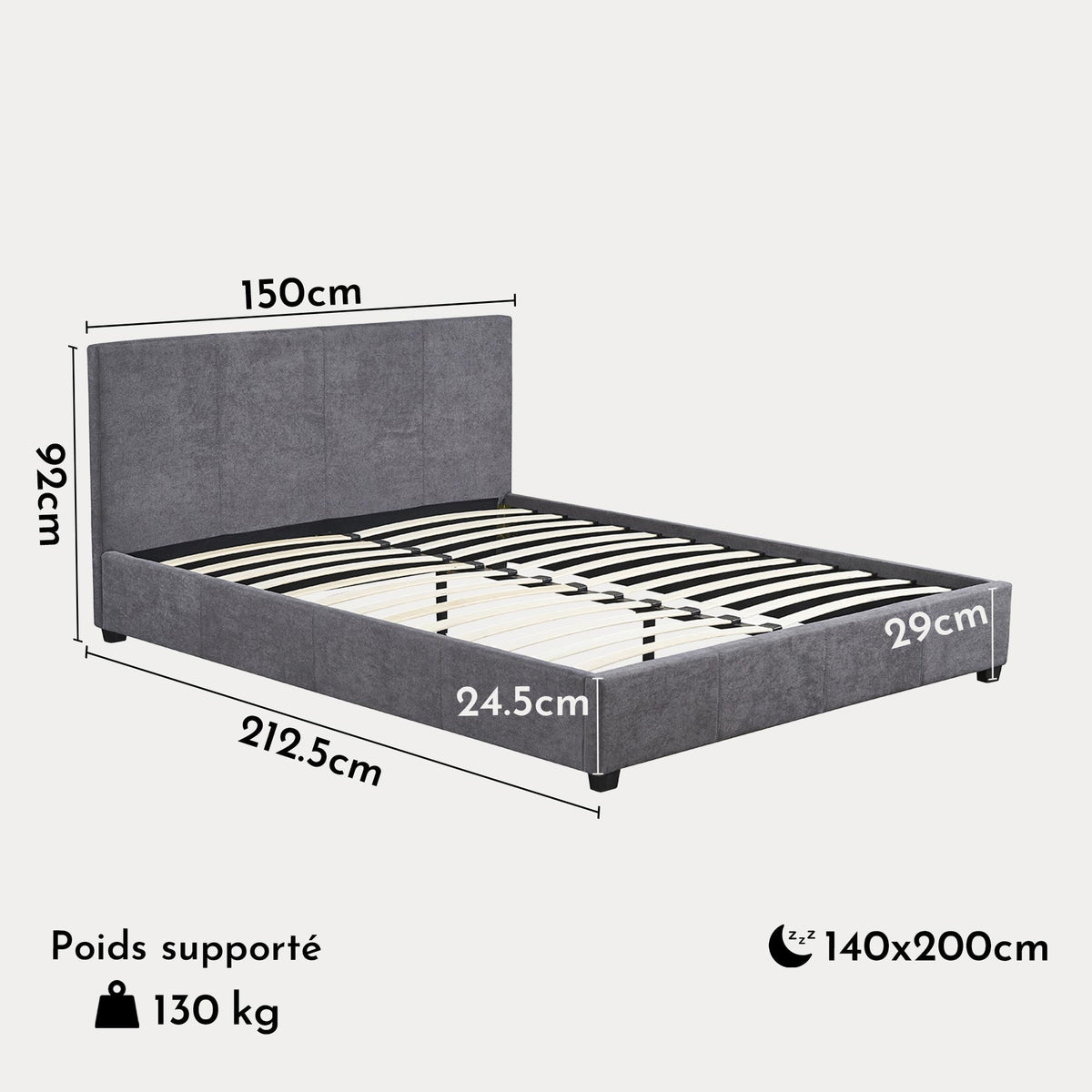 ROMA TISSU Lit double en tissu gris 140x200 cm
