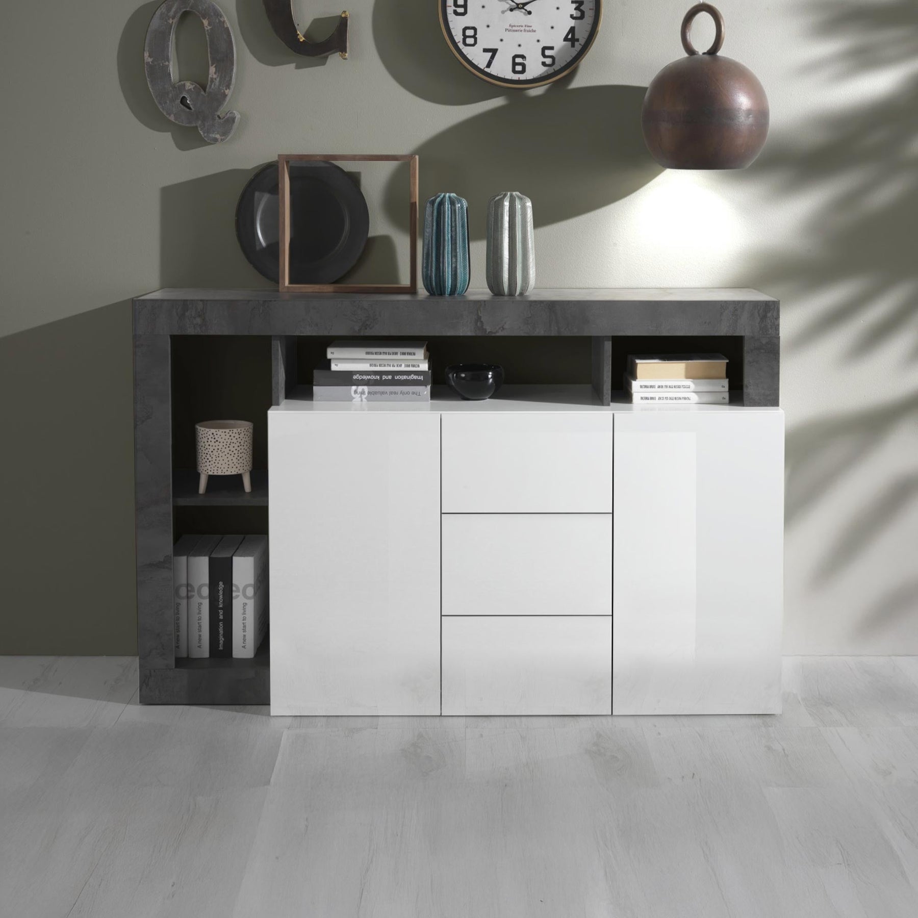 RONICA Buffet 2 portes 3 tiroirs gris et blanc