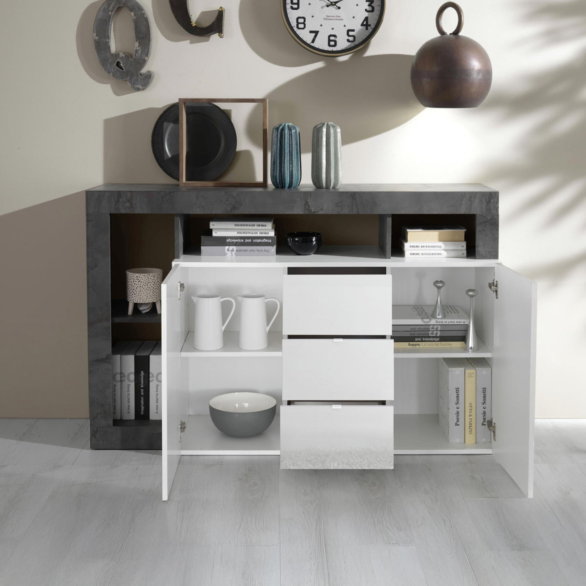 RONICA Buffet 2 portes 3 tiroirs gris et blanc