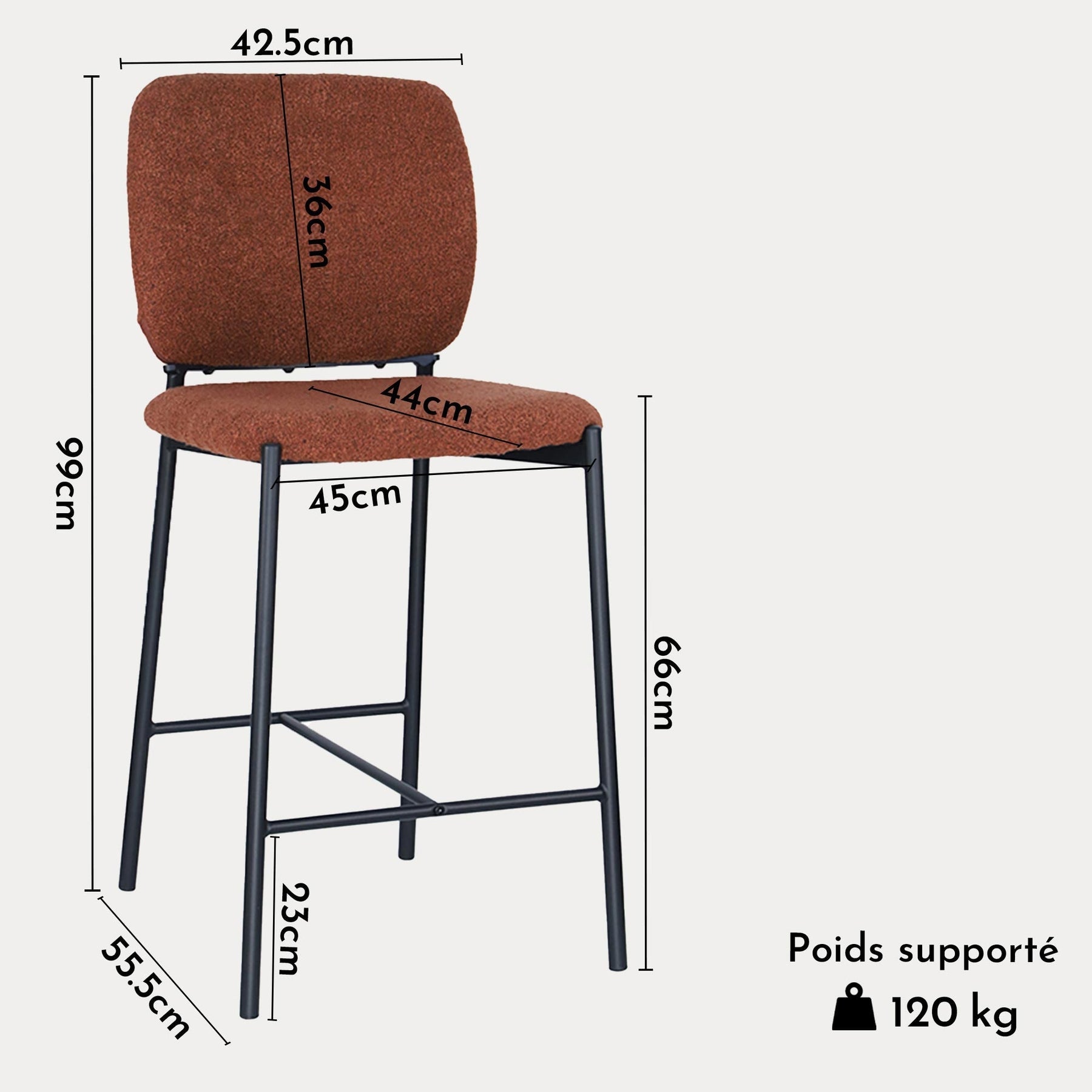 SAFIA Lot de 2 tabourets tissu rouille piètement métal noir