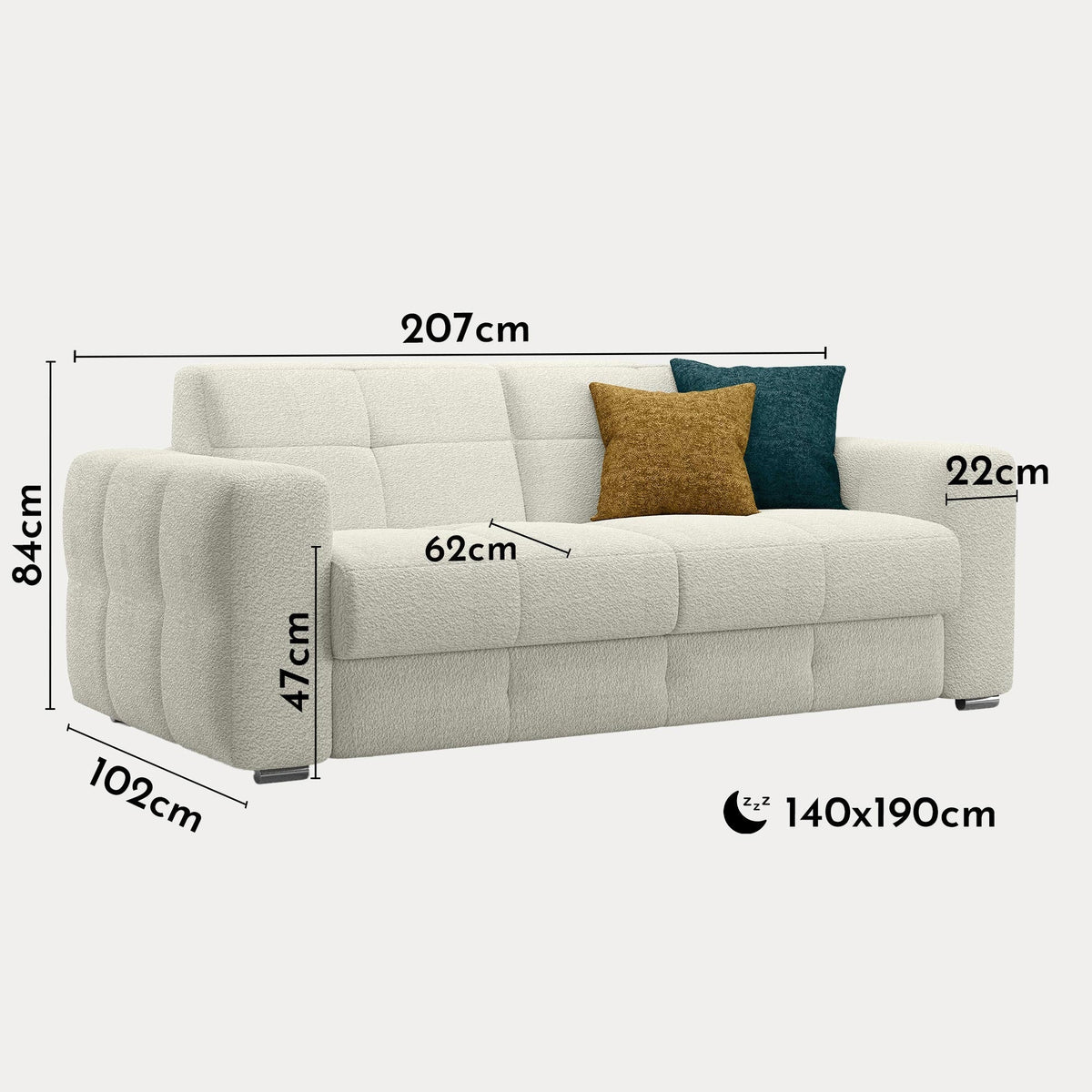 SAMINA Canapé 3 places convertible  en tissu bouclette beige matelas Memory 14 cm