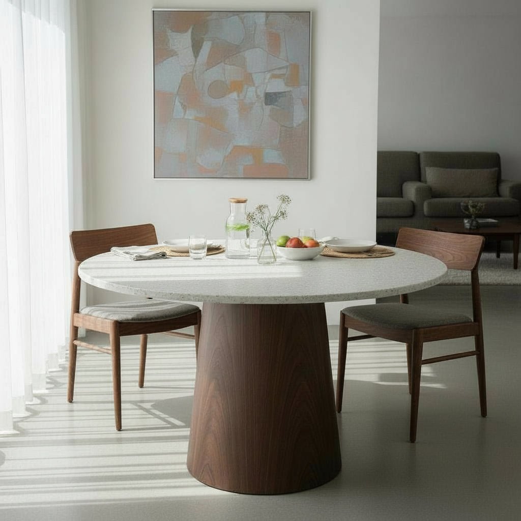 SANA XL Table à manger ronde en marbre composite pieds couleur bois foncé  120 cm