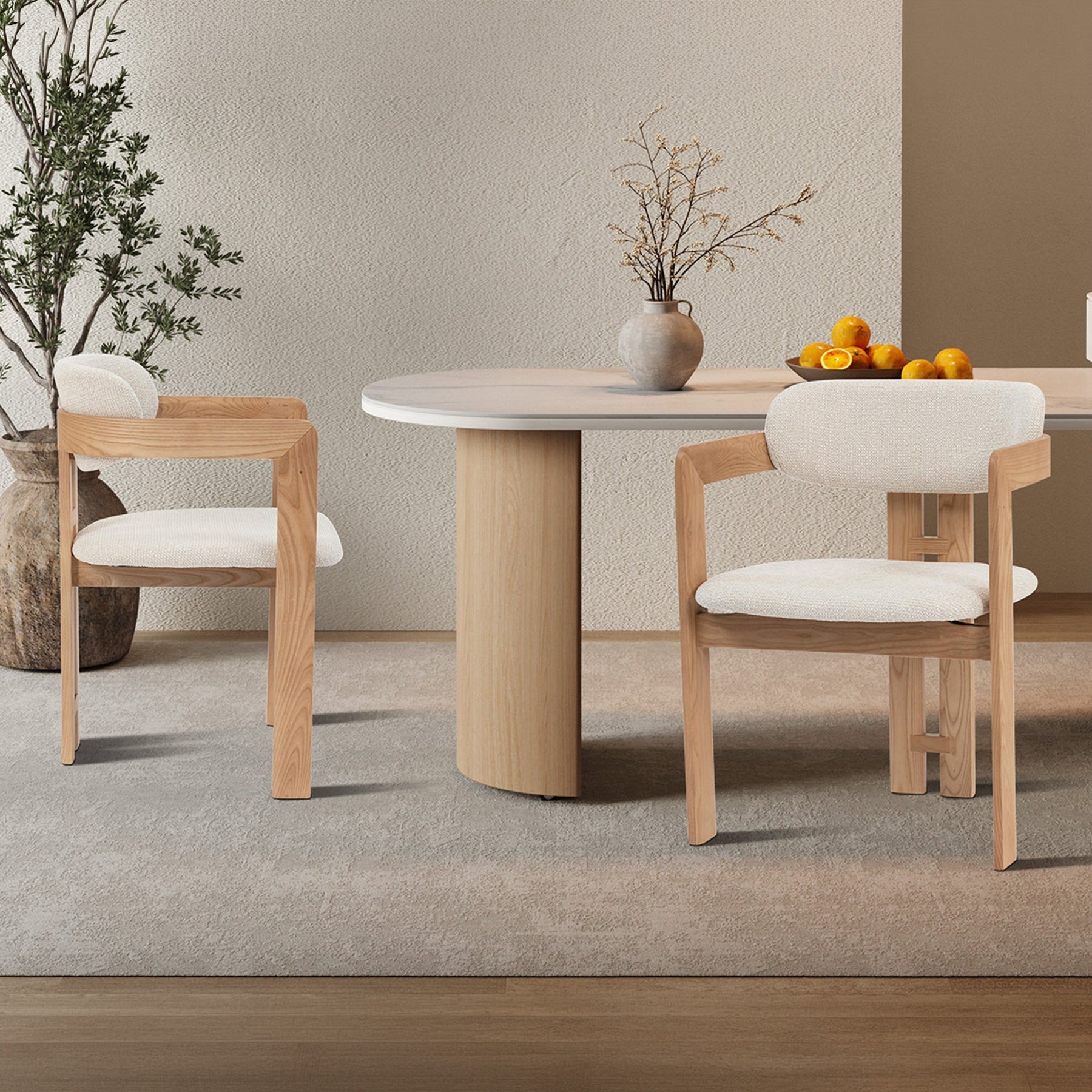 SANDRA  Lot de 2 chaises de repas en tissu beige pieds en chêne massif clair