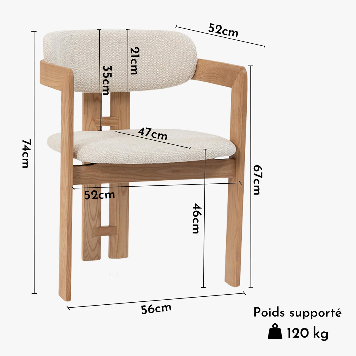 SANDRA  Lot de 2 chaises de repas en tissu beige pieds en chêne massif clair