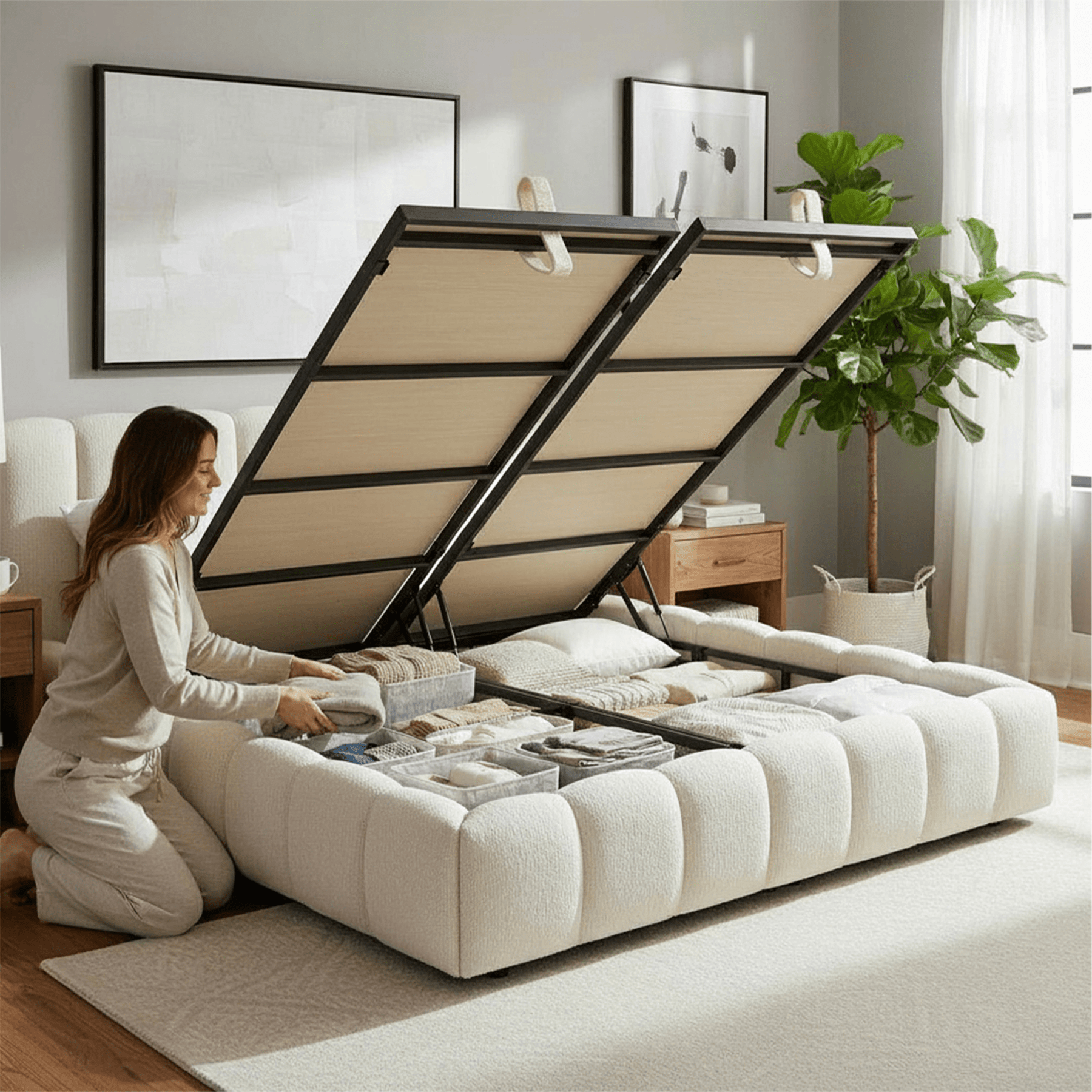SAPHIRA Lit double en tissu beige avec coffre 180x200 cm