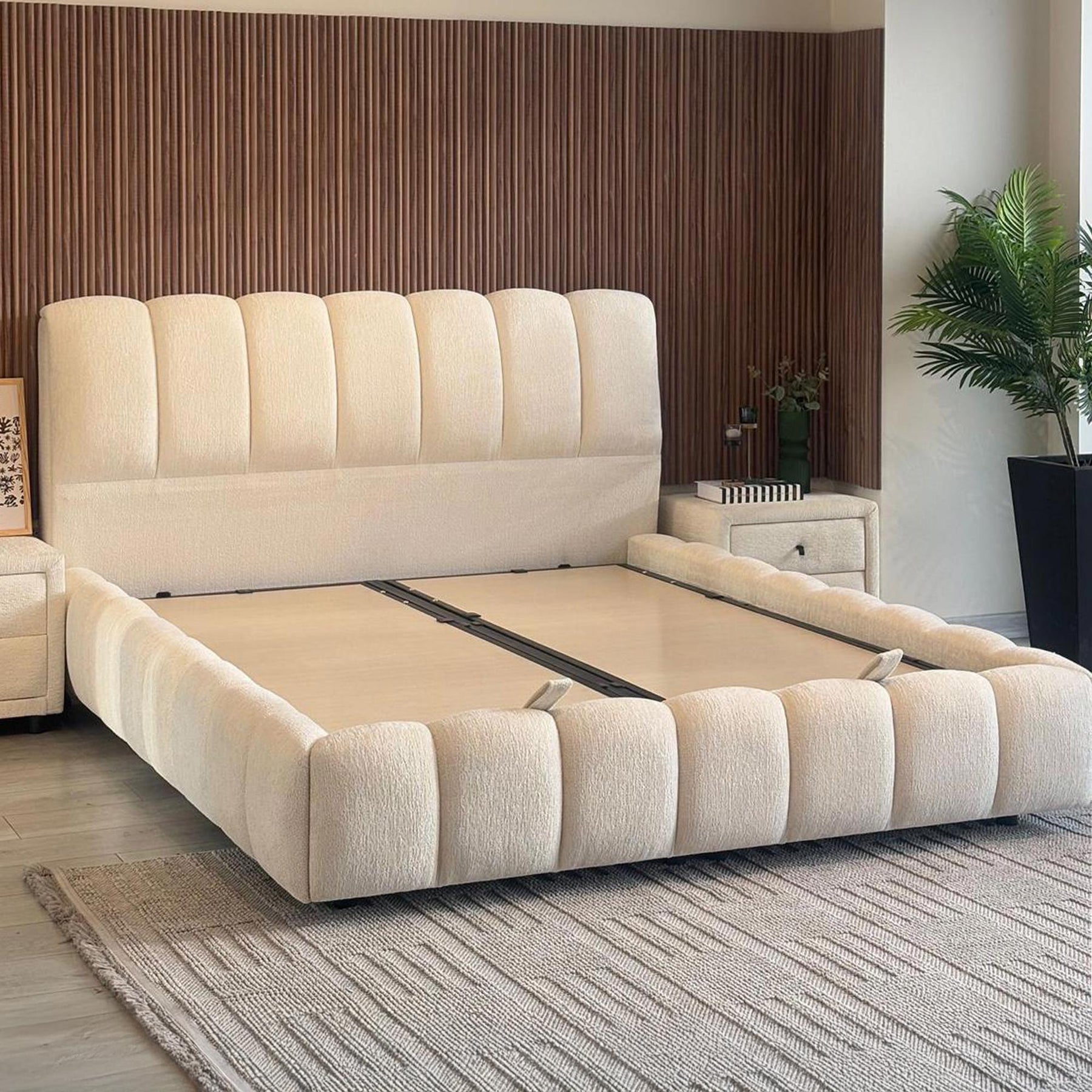SAPHIRA Lit double en tissu beige avec coffre 180x200 cm