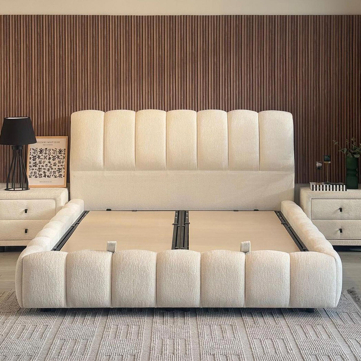 SAPHIRA Lit double en tissu beige avec coffre 180x200 cm