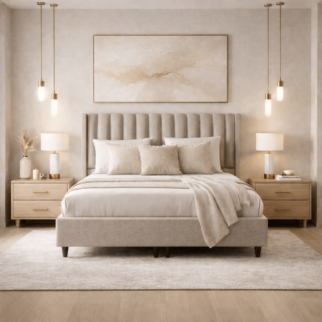 SAYA Lit coffre en tissu beige 140x190 cm