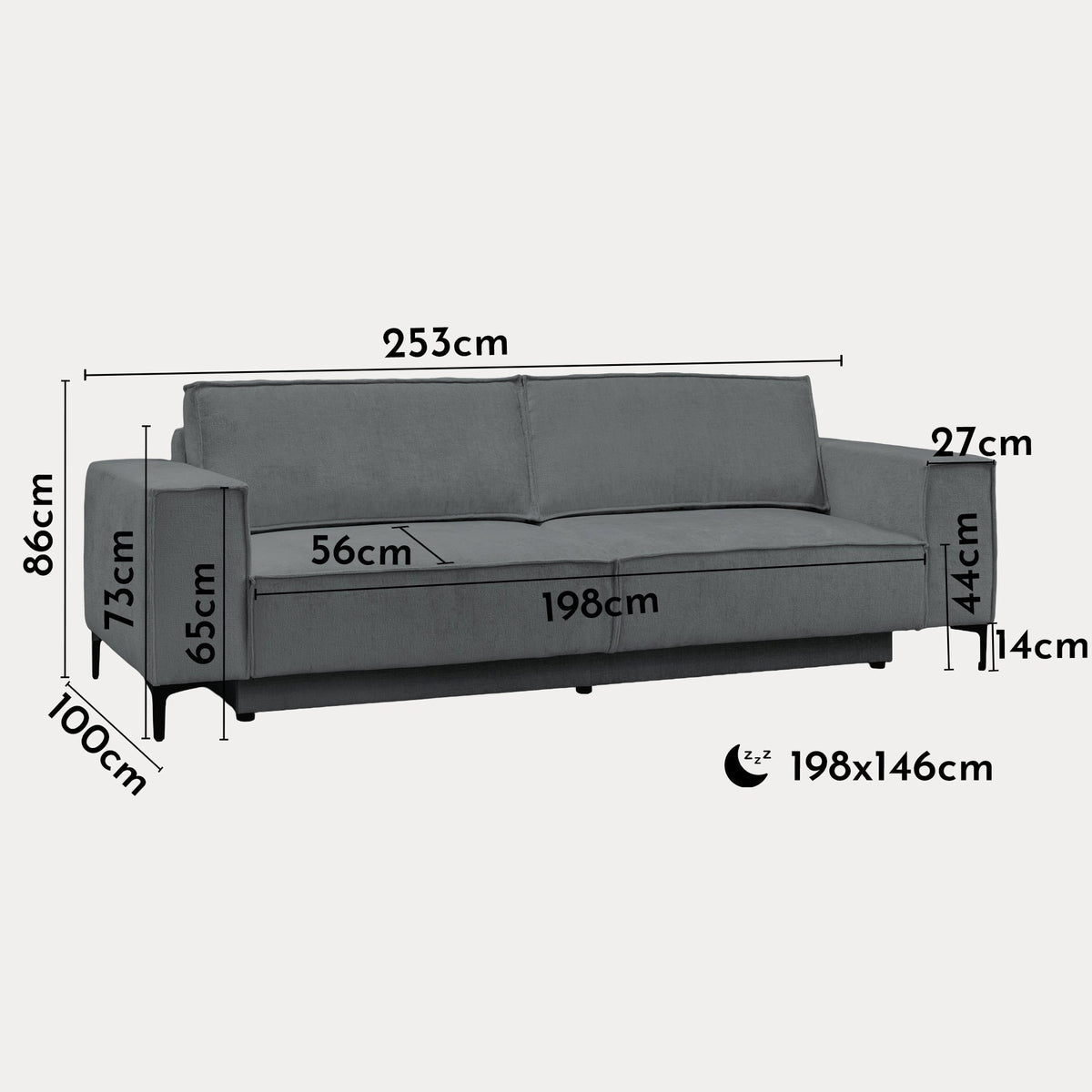 SAYLA Canapé 3 places convertible en tissu gris foncé