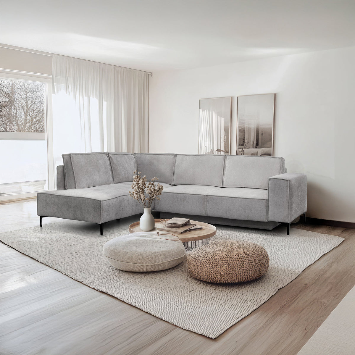 SAYLA Canapé d'angle convertible en tissu gris clair - Angle gauche