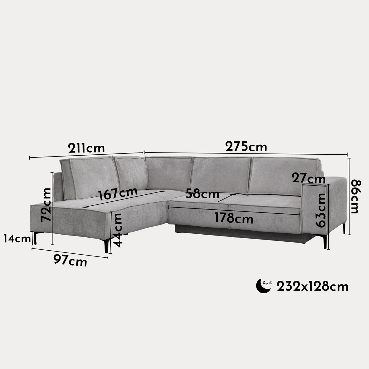 SAYLA Canapé d'angle convertible en tissu gris clair - Angle gauche