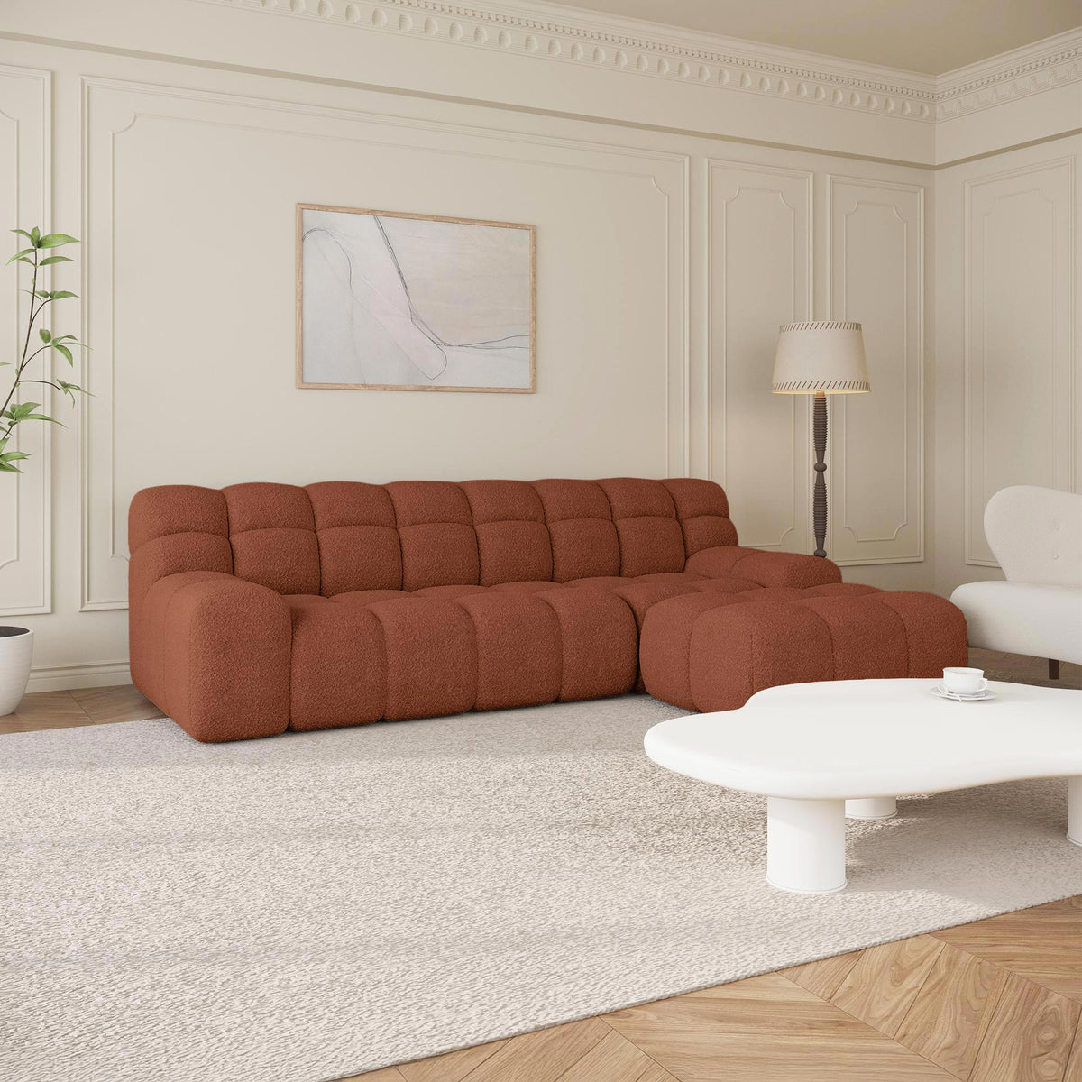 SERENA Canapé d'angle tissu bouclette orange - Angle droit