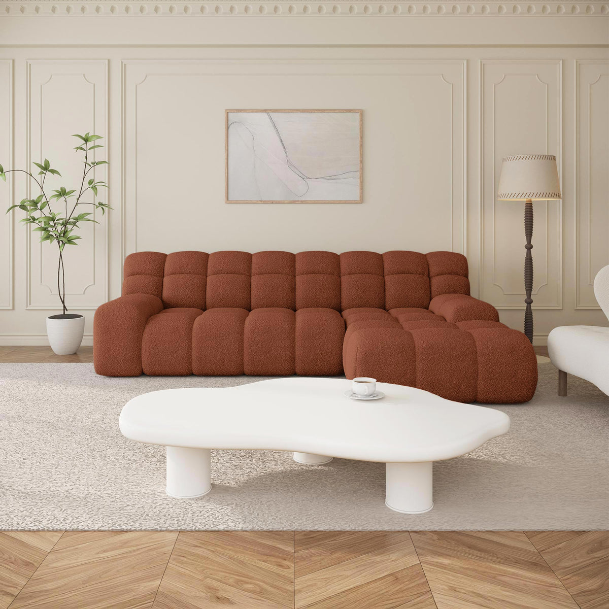 SERENA Canapé d'angle tissu bouclette orange - Angle droit