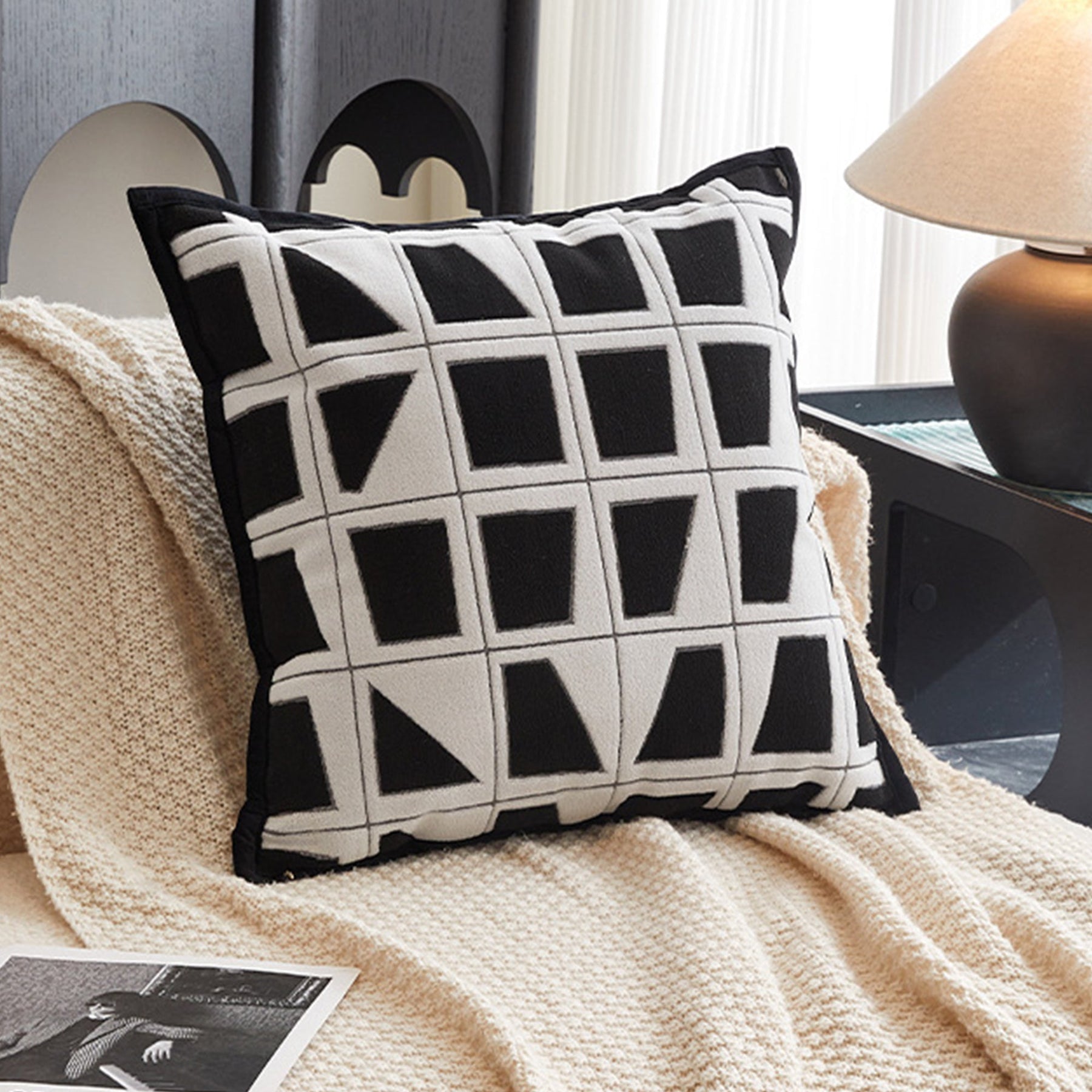 SHAYZ Coussin carré en tissu à motifs blanc et noir 45x45 cm