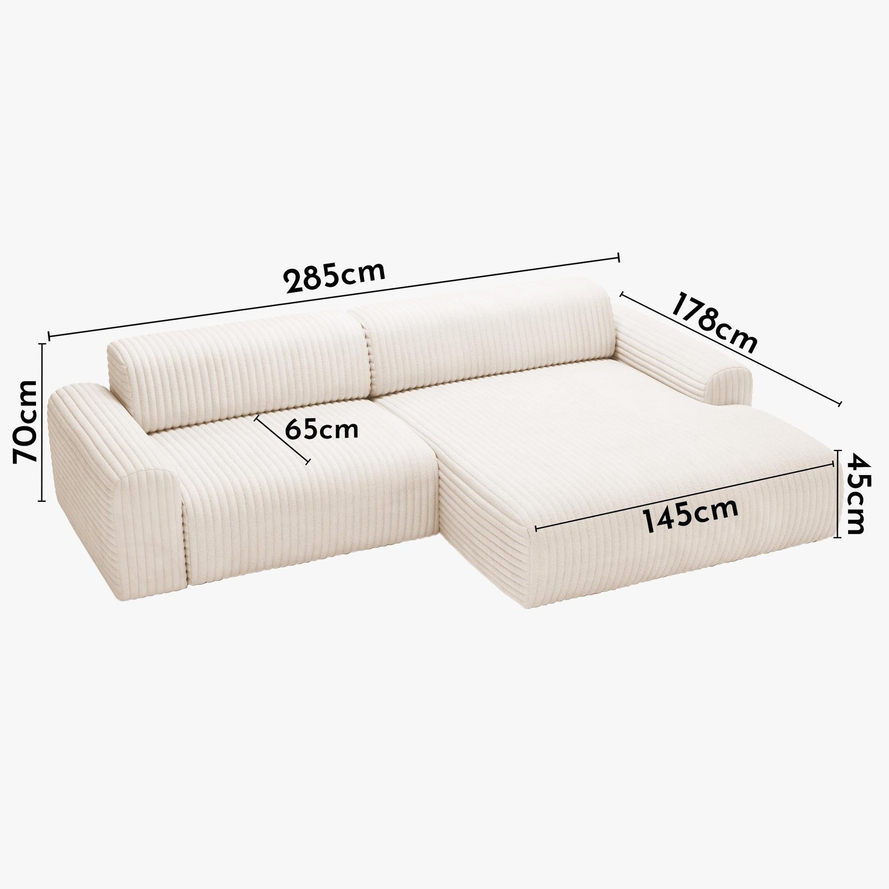 SOFIA Canapé d'angle en velours gros côtelé blanc écru - Angle droit