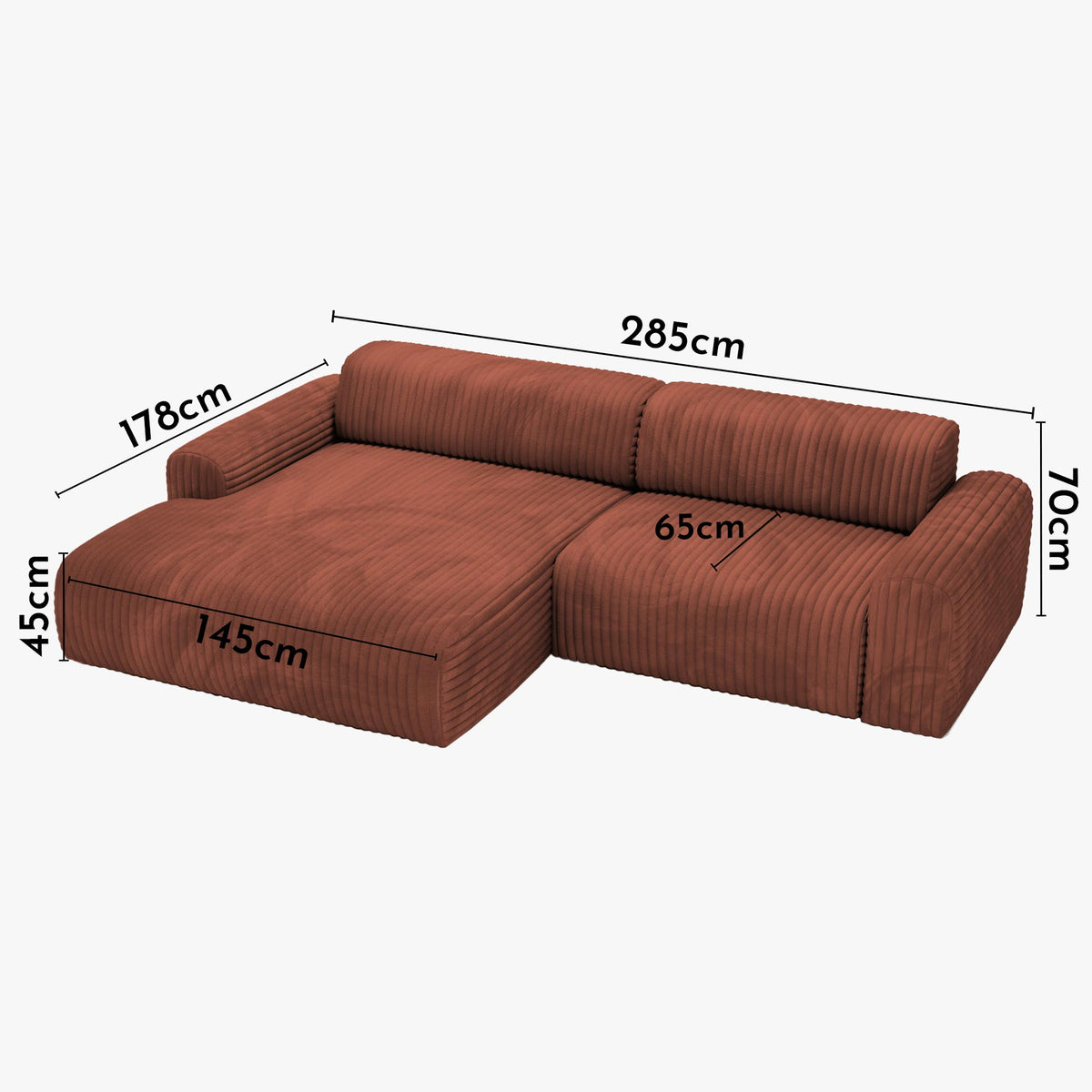 SOFIA Canapé d'angle en velours gros côtelé terracotta - Angle gauche