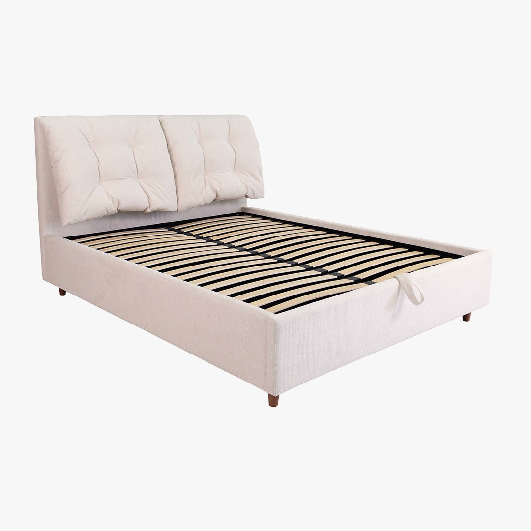 SORA Lit double en tissu beige avec coffre 180x200 cm