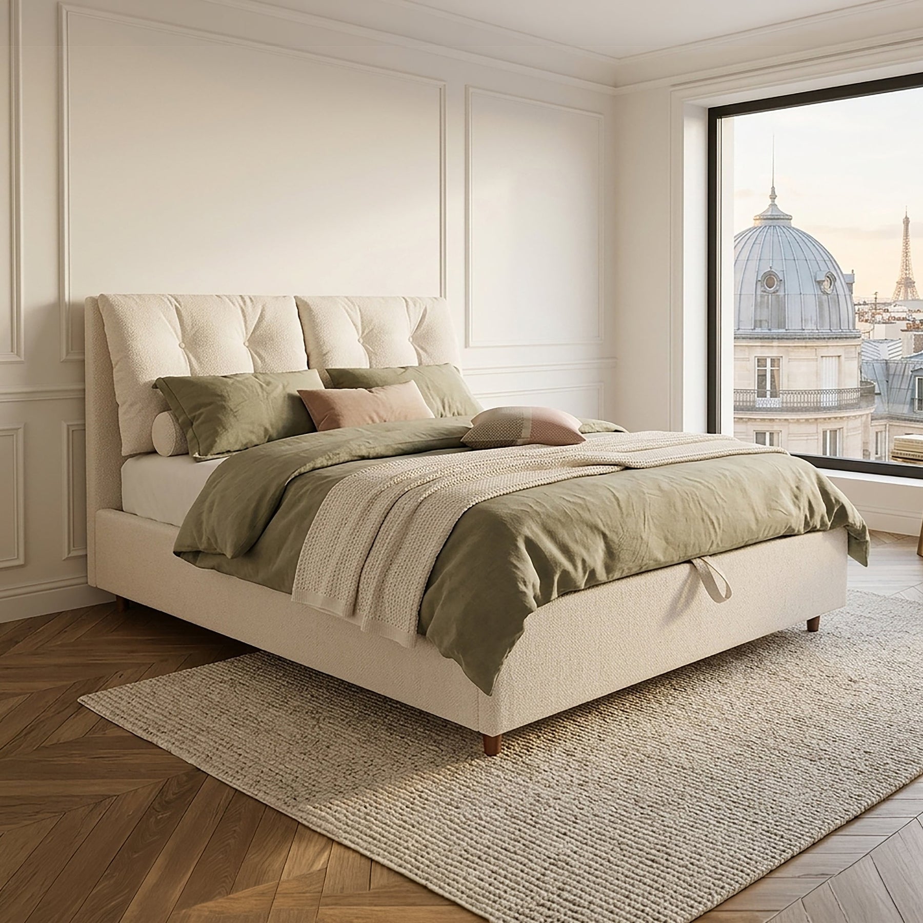 SORA Lit double en tissu beige avec coffre 180x200 cm