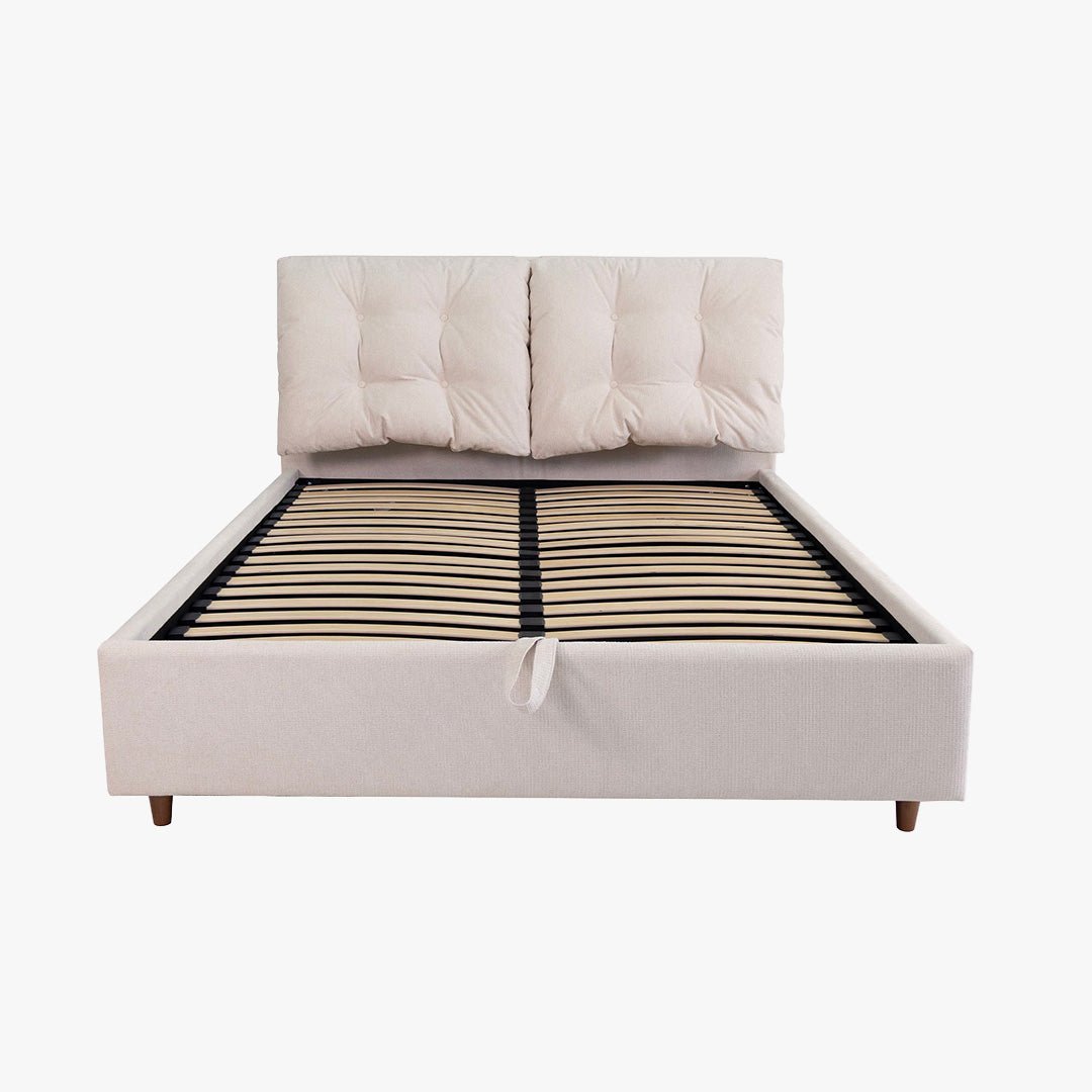 SORA Lit double en tissu beige avec coffre 180x200 cm