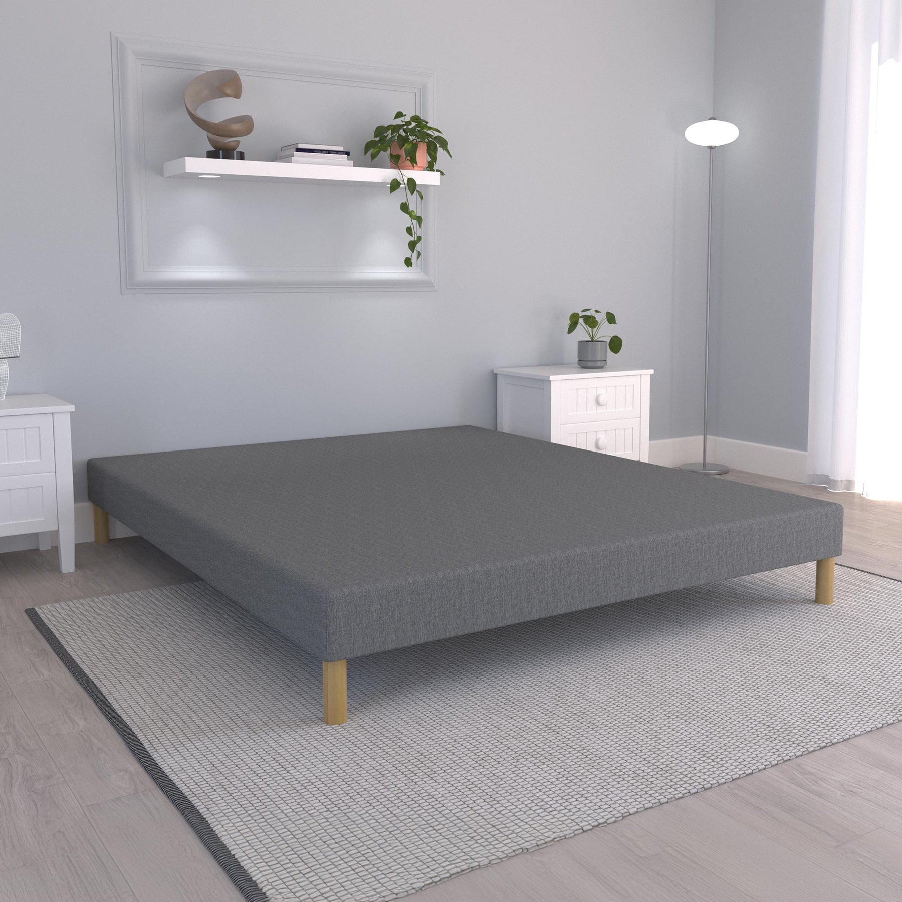 SPRING Sommier tapissier 160x200 tissu gris piètement en bois