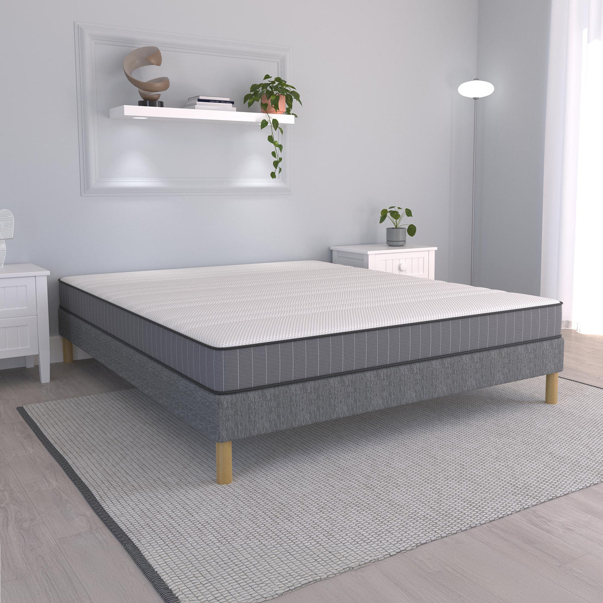 SPRING Sommier tapissier 160x200 tissu gris piètement en bois