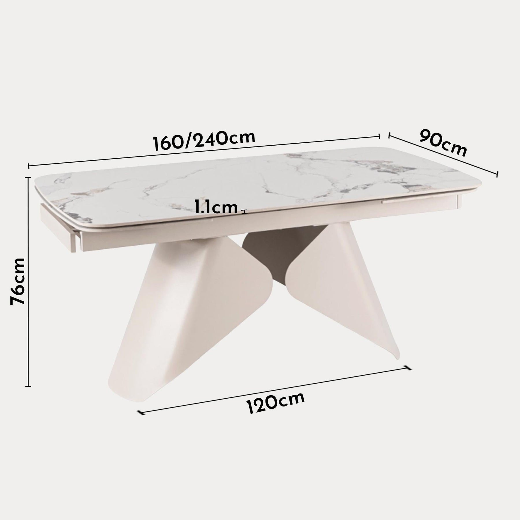 STACY Table à manger extensible en céramique couleur marbre blanc pieds en métal 160-240 cm