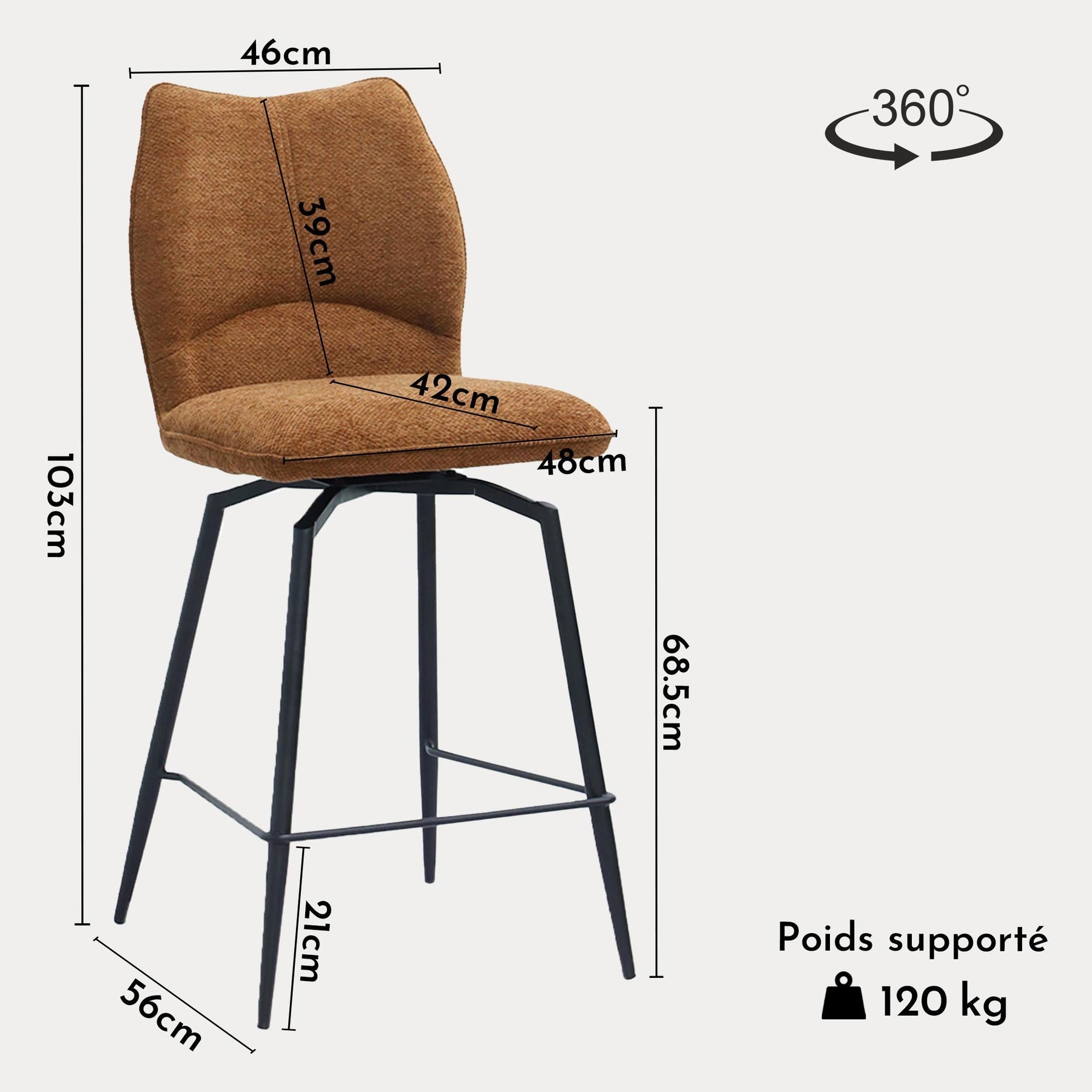 STELA Lot de 2 tabourets pivotants en tissu rouille piètement métal noir