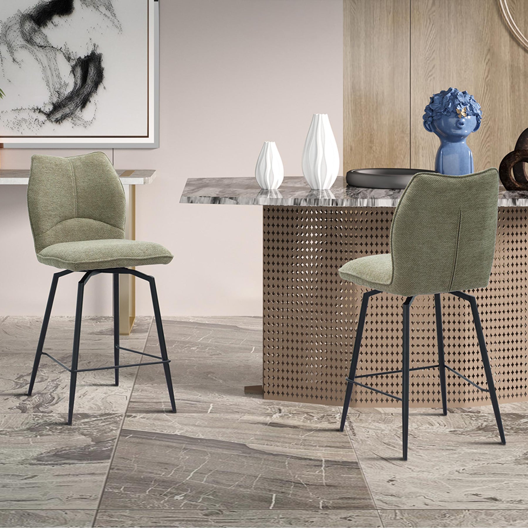 STELA Lot de 2 tabourets pivotants en tissu taupe piètement métal noir