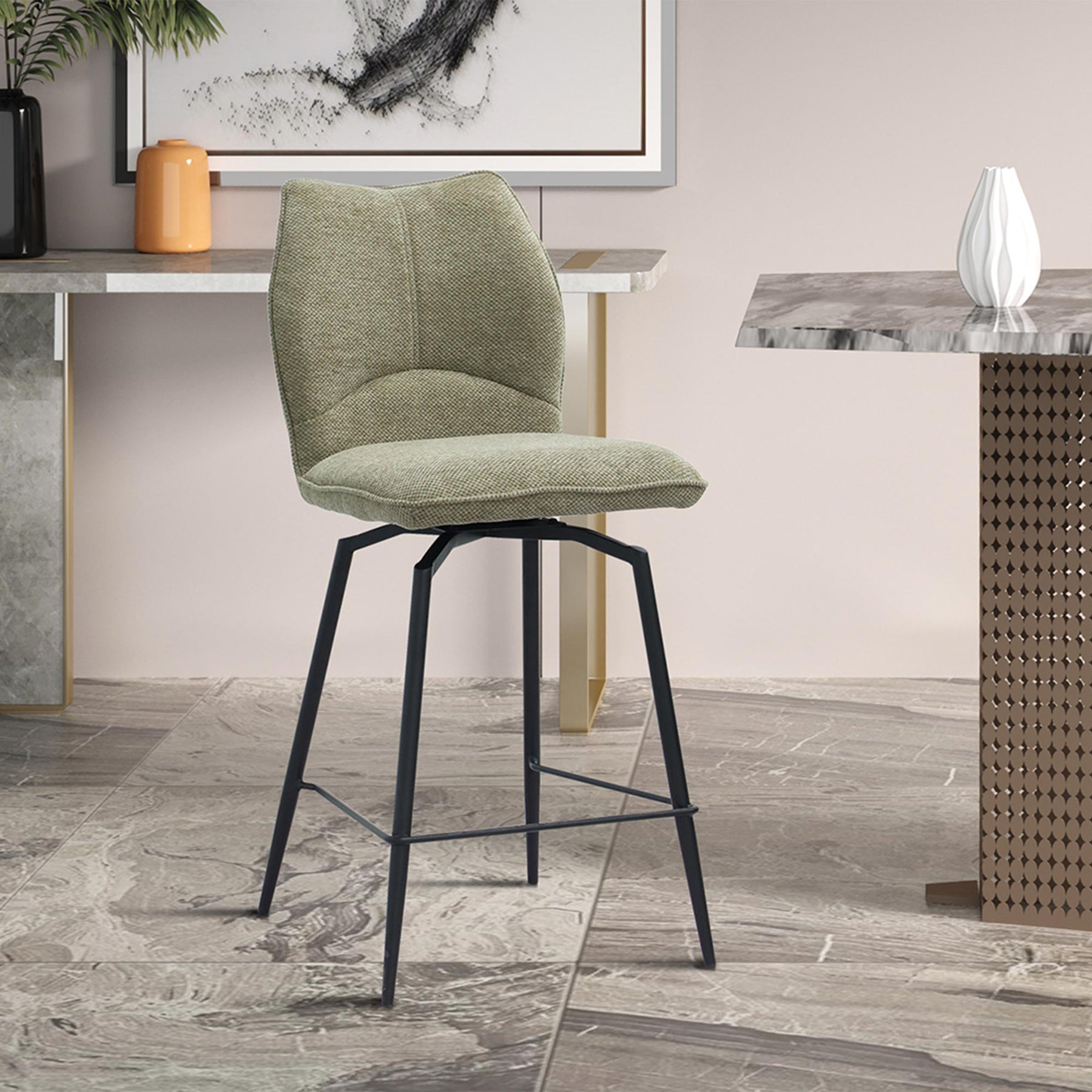 STELA Lot de 2 tabourets pivotants en tissu taupe piètement métal noir
